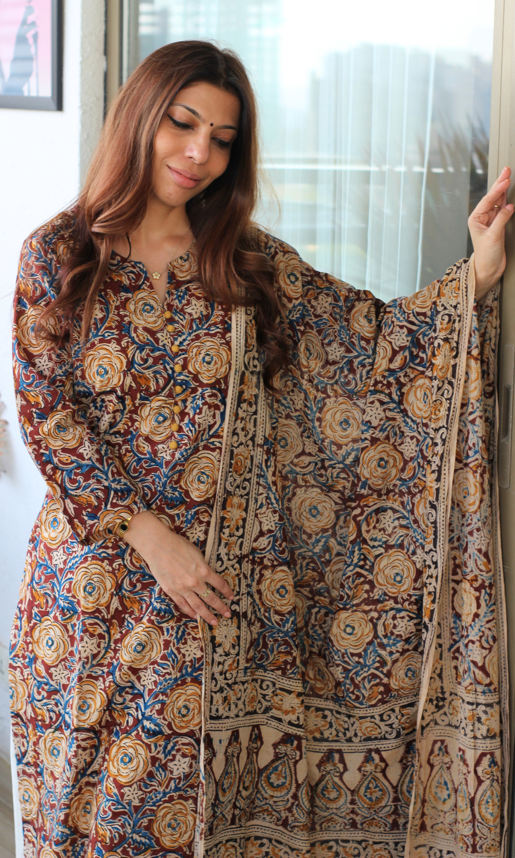 Dark Brown & Mustard Hand Block Kalamkari Kurta & Cotton Kalamkari Dupatta