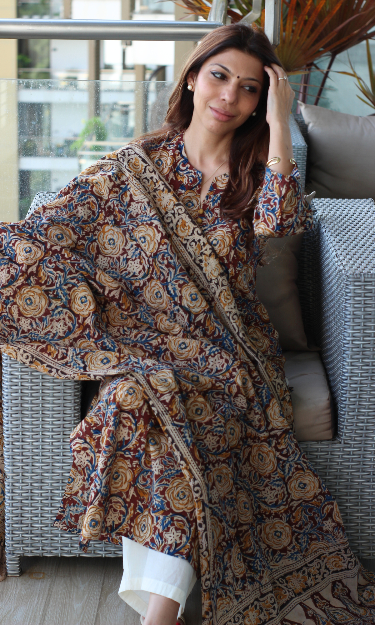 Dark Brown & Mustard Hand Block Kalamkari Kurta & Cotton Kalamkari Dupatta
