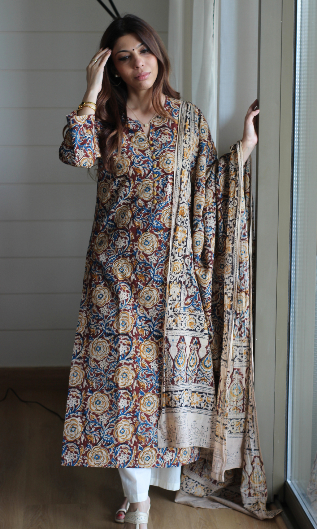 Dark Brown & Mustard Hand Block Kalamkari Kurta & Cotton Kalamkari Dupatta