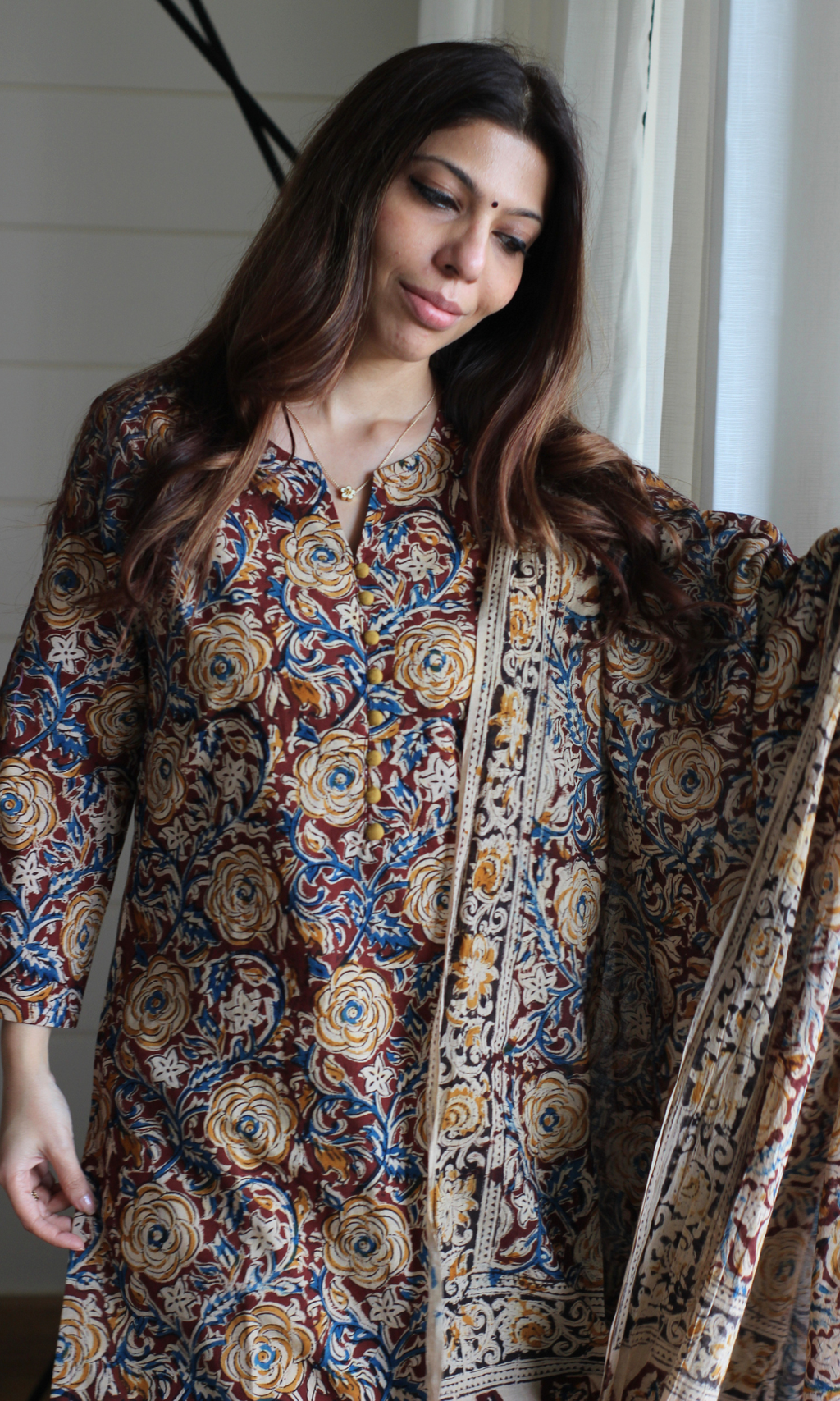 Dark Brown & Mustard Hand Block Kalamkari Kurta & Cotton Kalamkari Dupatta
