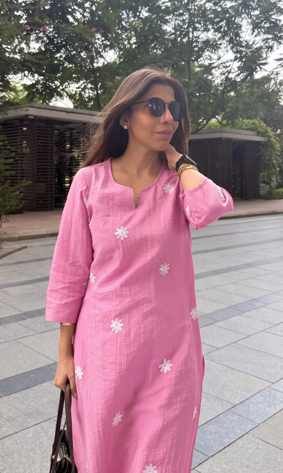 Pink Flower Embroidered Kurta