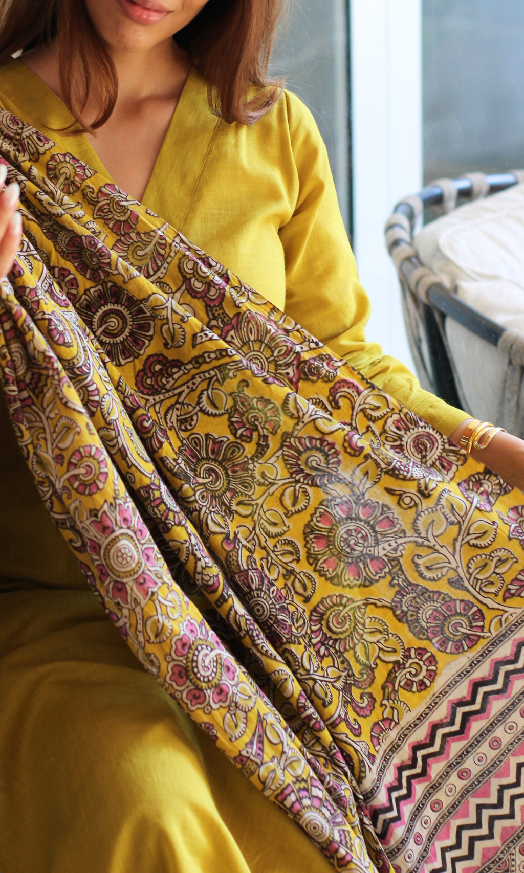 Sunlit Mustard Cotton Slub Kurta, Pant & Kalmakari Dupatta