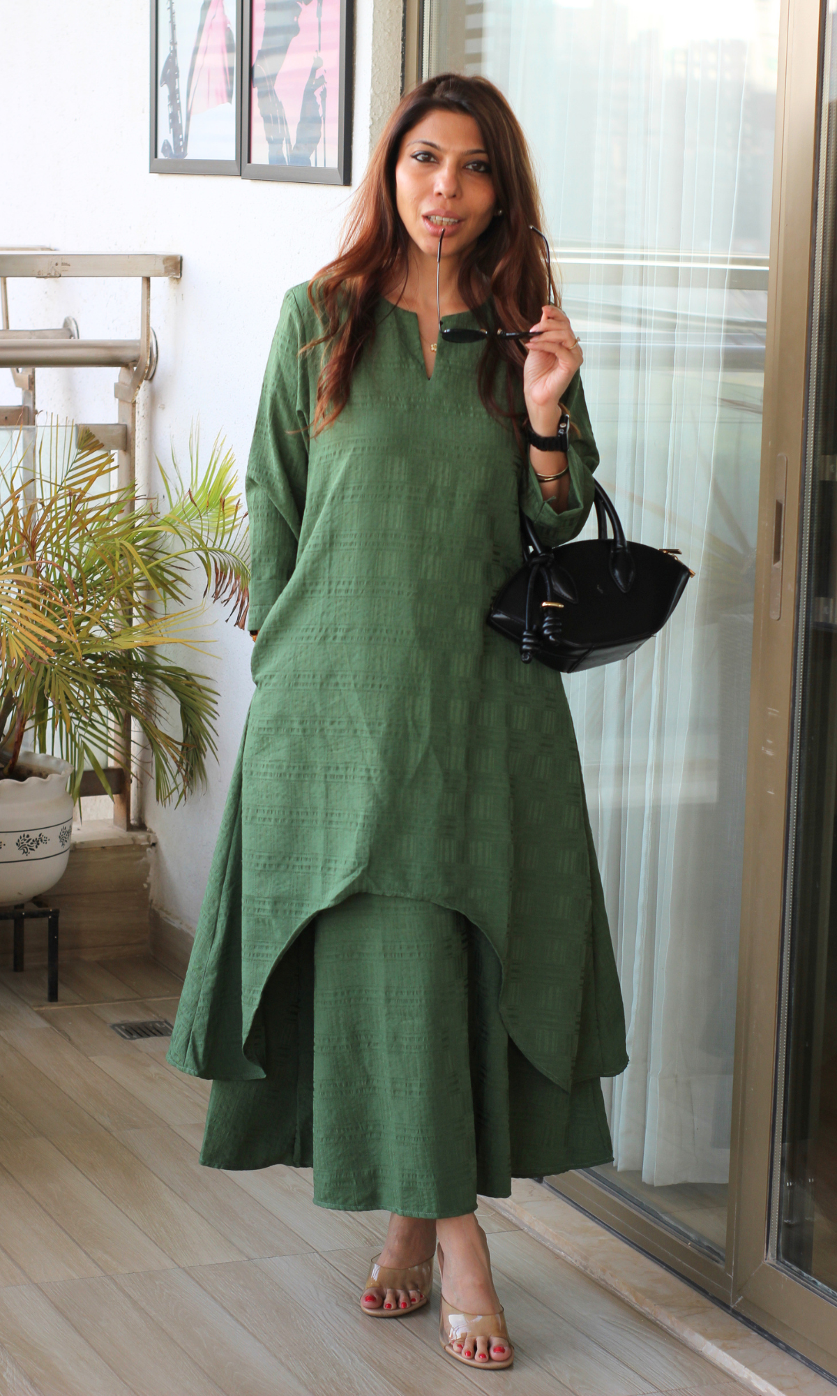 Green Fern Textured Slip Dress with Kurta