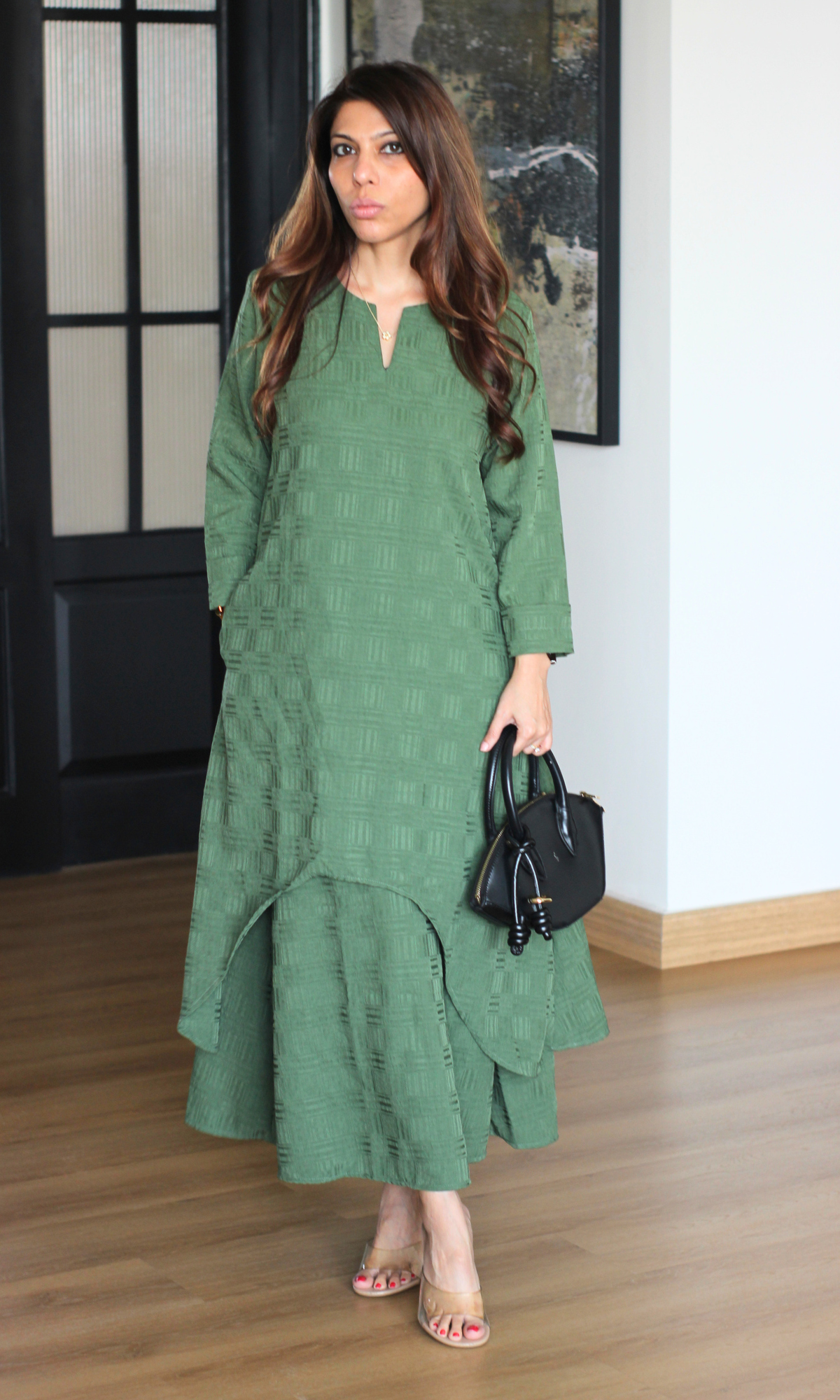 Green Fern Textured Slip Dress with Kurta