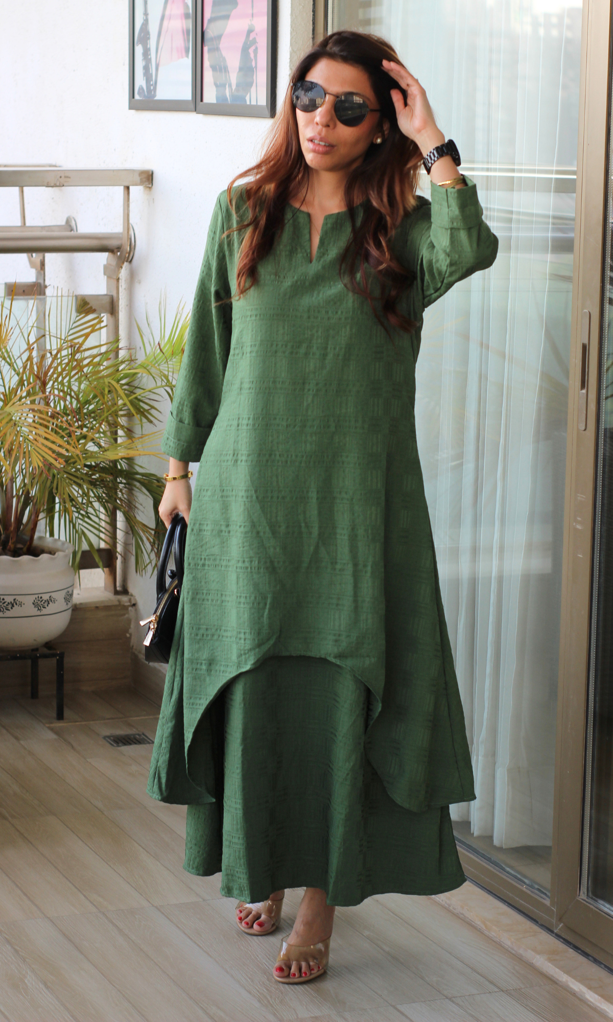 Green Fern Textured Slip Dress with Kurta