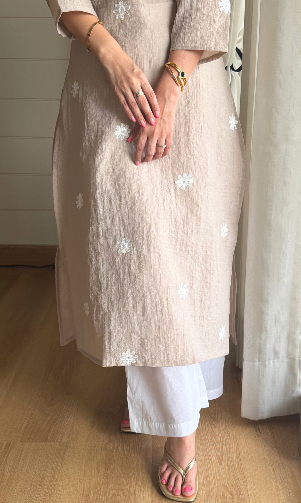 Champagne Flower Embroidered Kurta