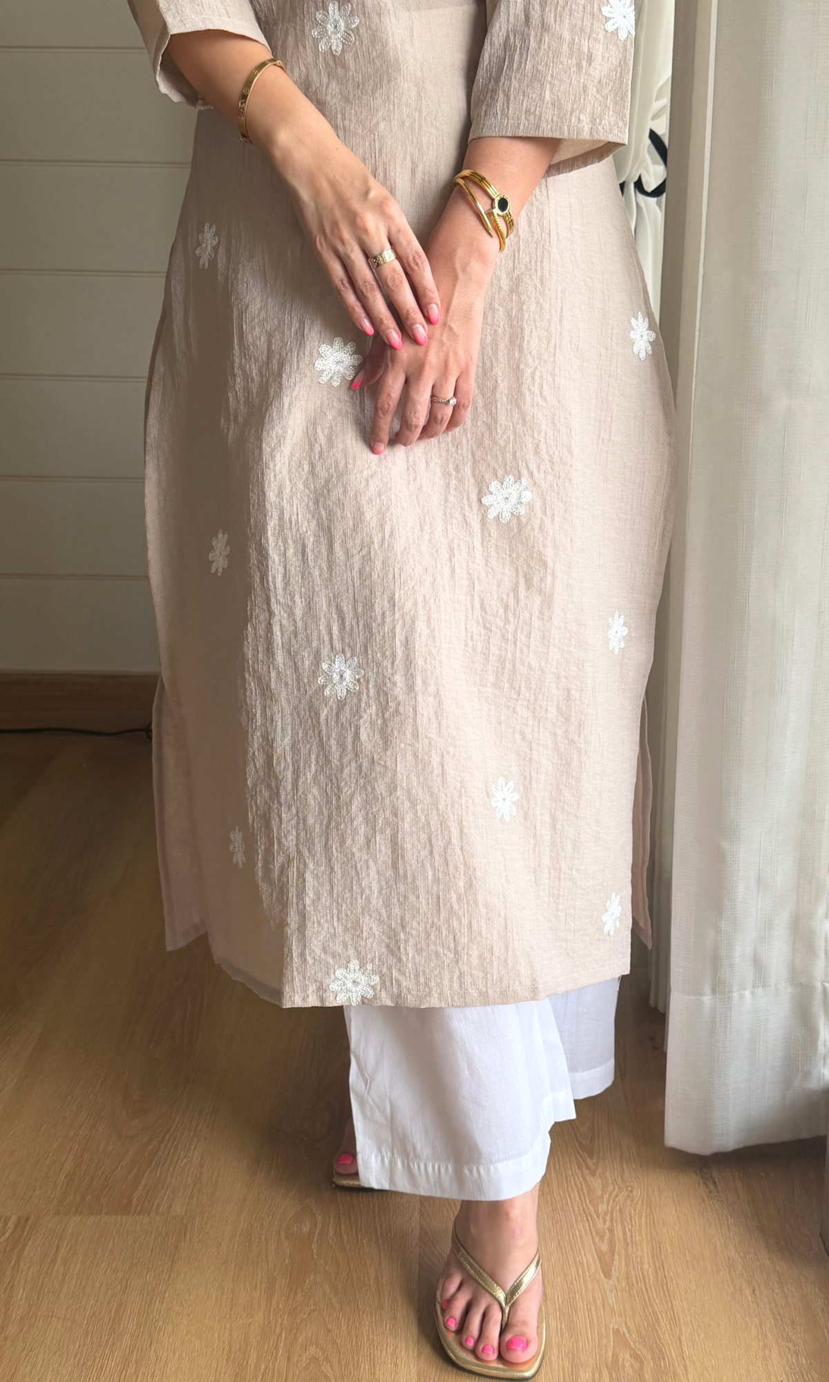 Champagne Flower Embroidered Kurta