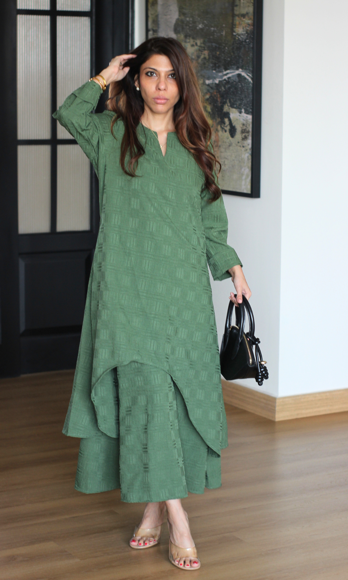 Green Fern Textured Slip Dress with Kurta