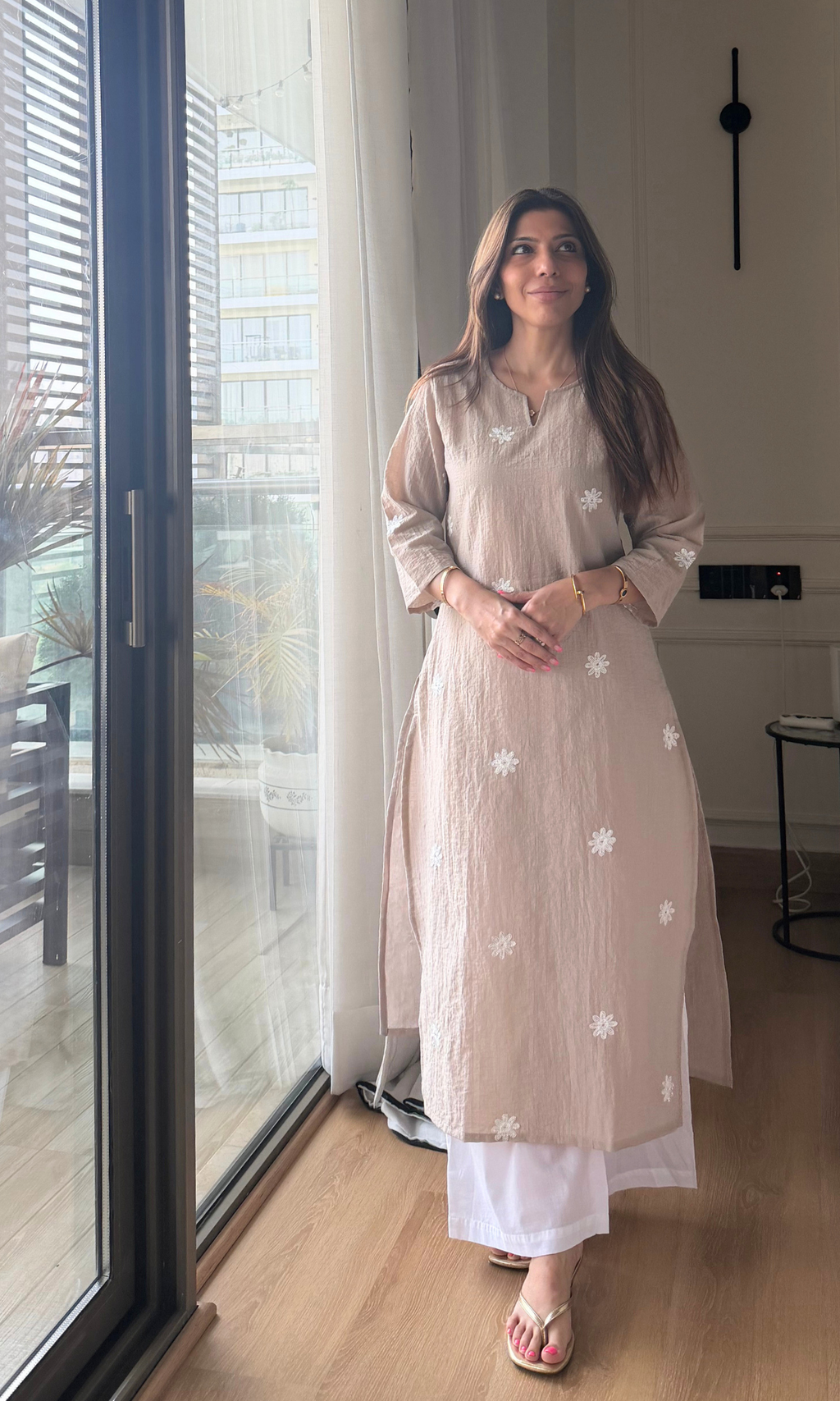 Champagne Flower Embroidered Kurta