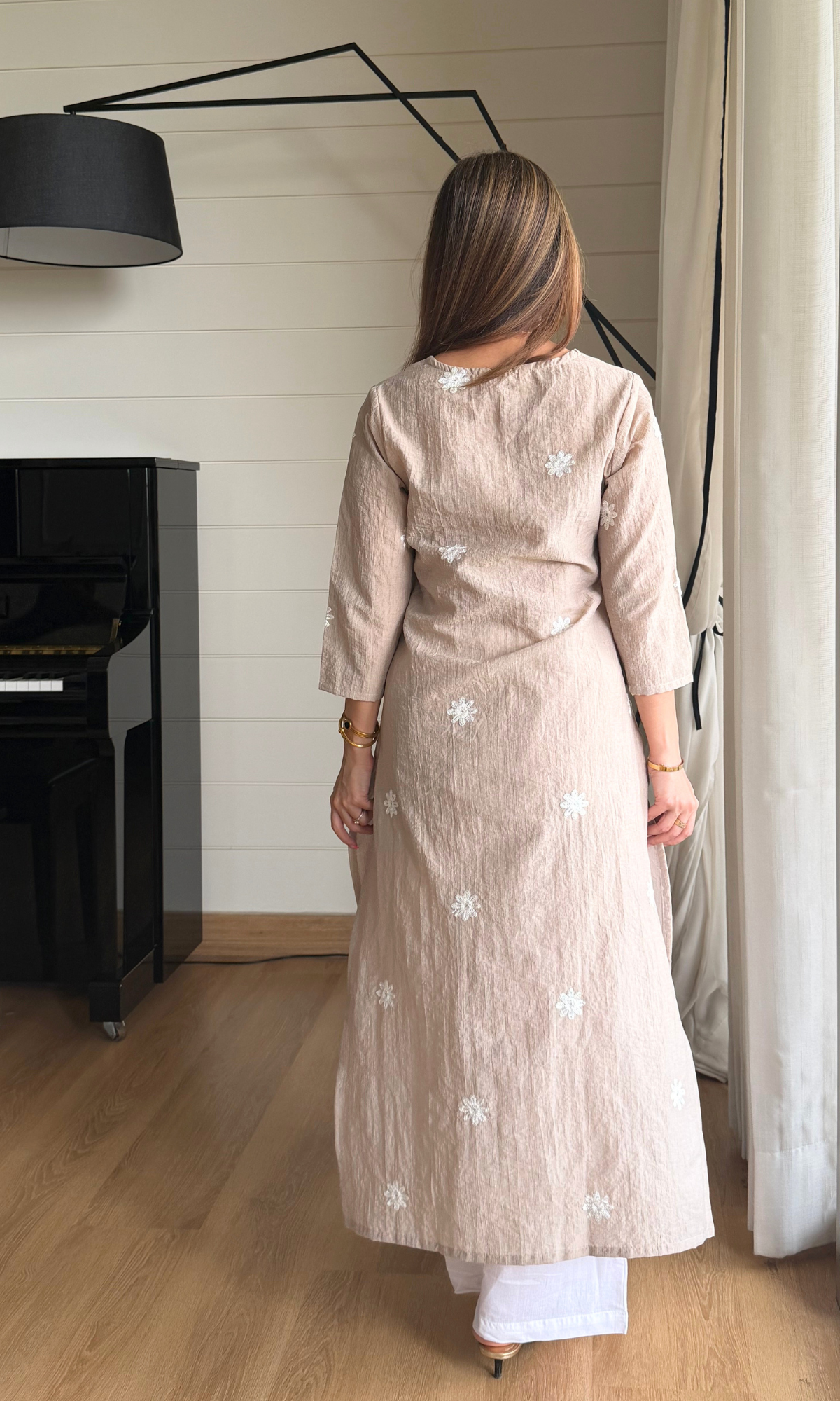 Champagne Flower Embroidered Kurta