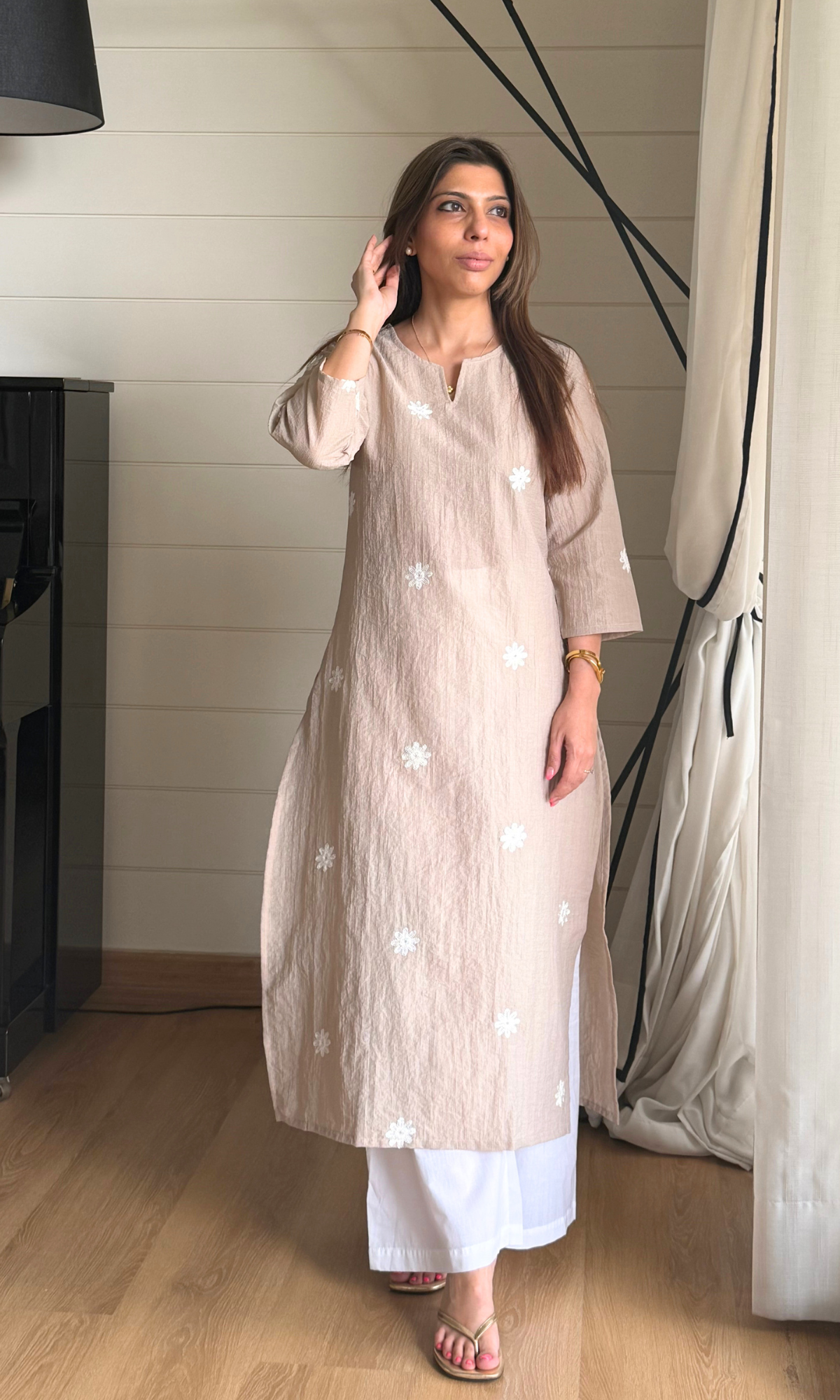 Champagne Flower Embroidered Kurta