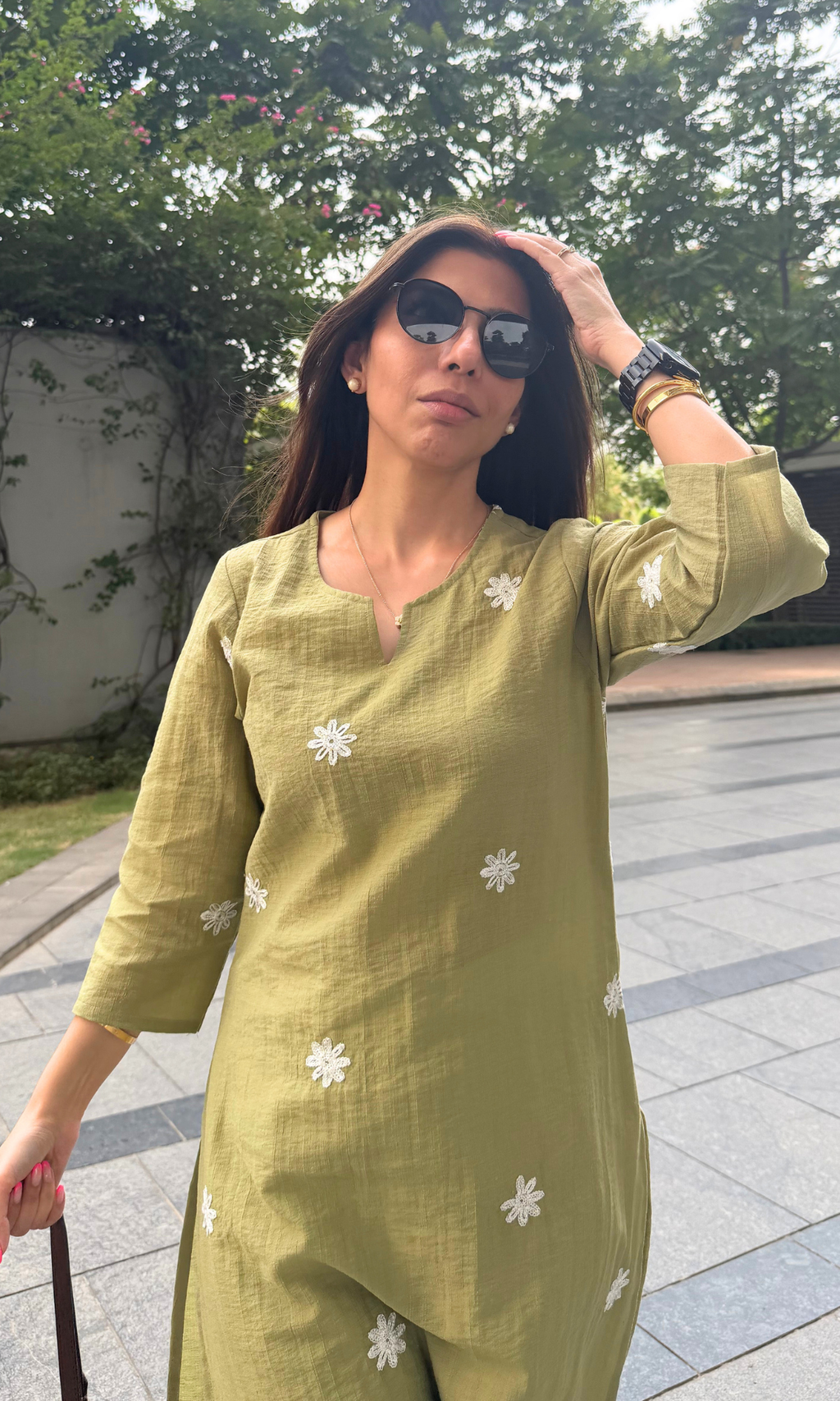 Olive Flower Embroidered Kurta