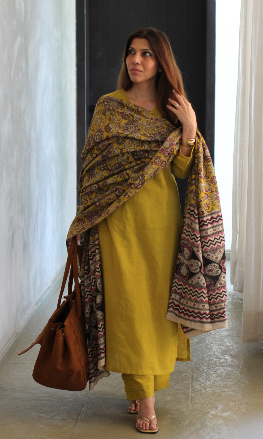 Sunlit Mustard Cotton Slub Kurta, Pant & Kalmakari Dupatta