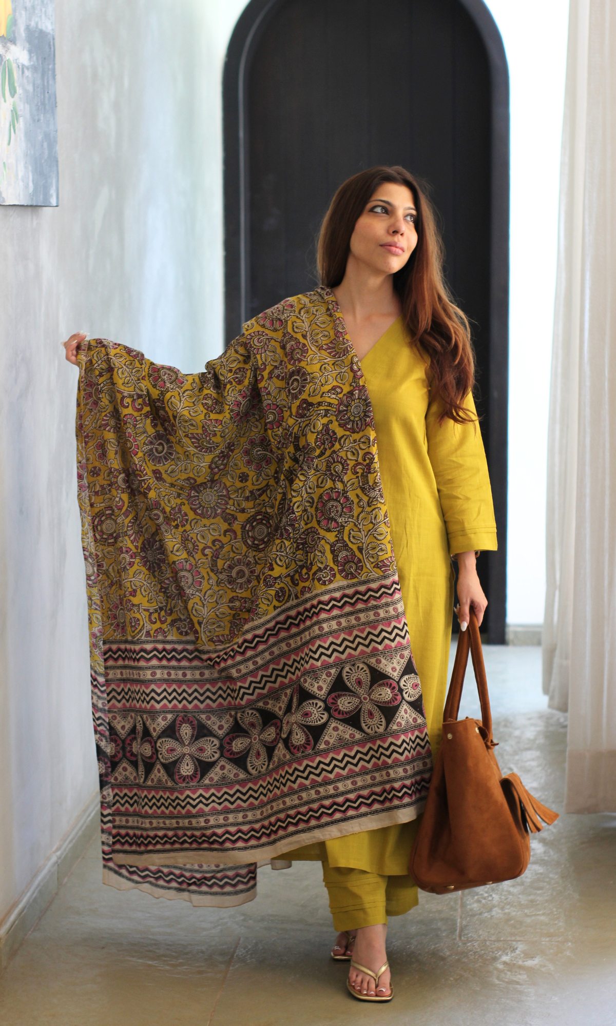 Sunlit Mustard Cotton Slub Kurta, Pant & Kalmakari Dupatta