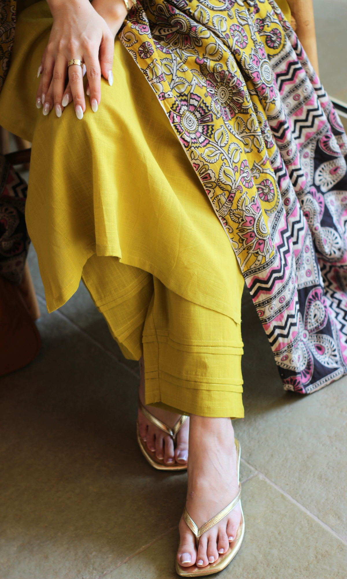 Sunlit Mustard Cotton Slub Kurta, Pant & Kalmakari Dupatta