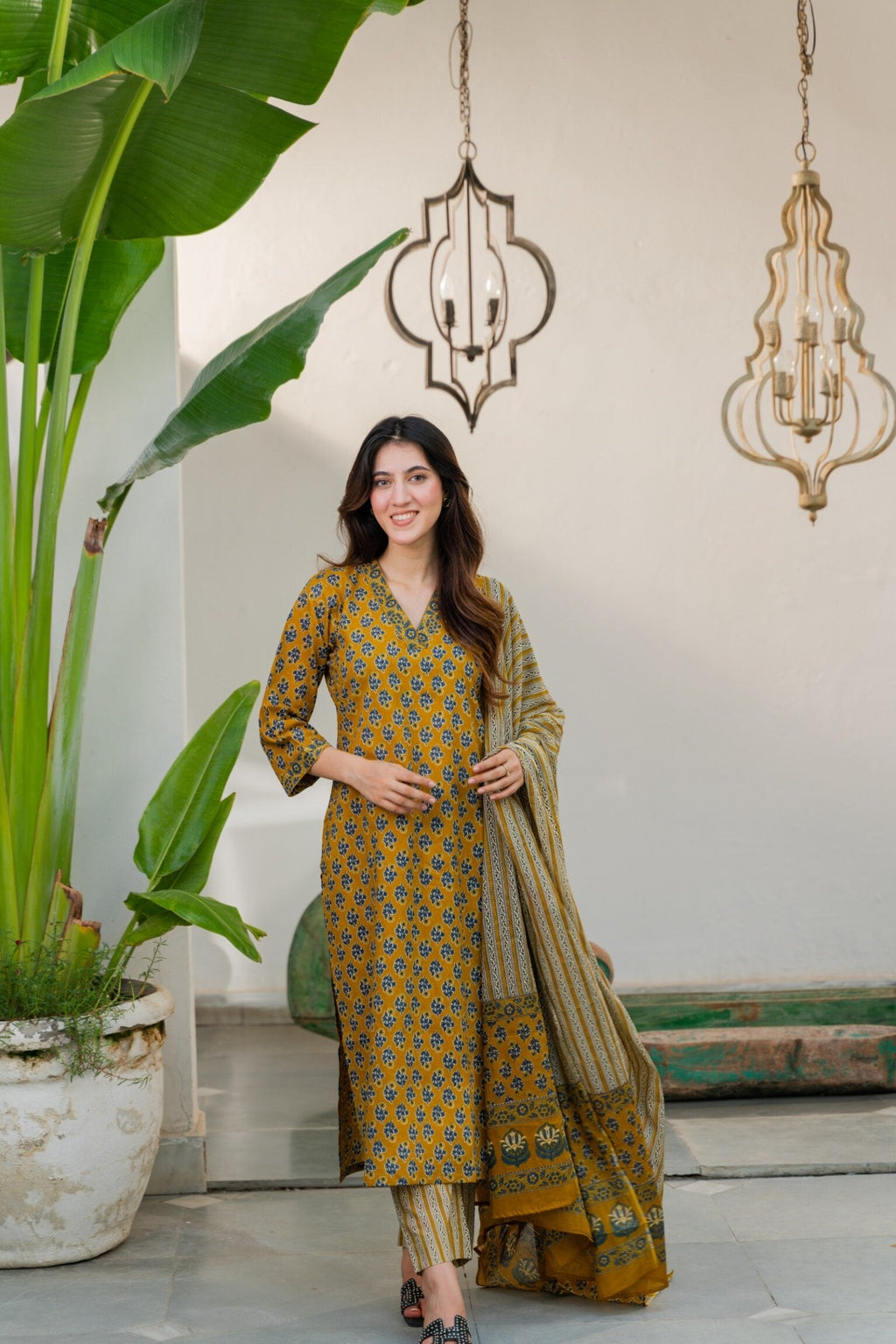 Ochre Yellow Cotton suit set