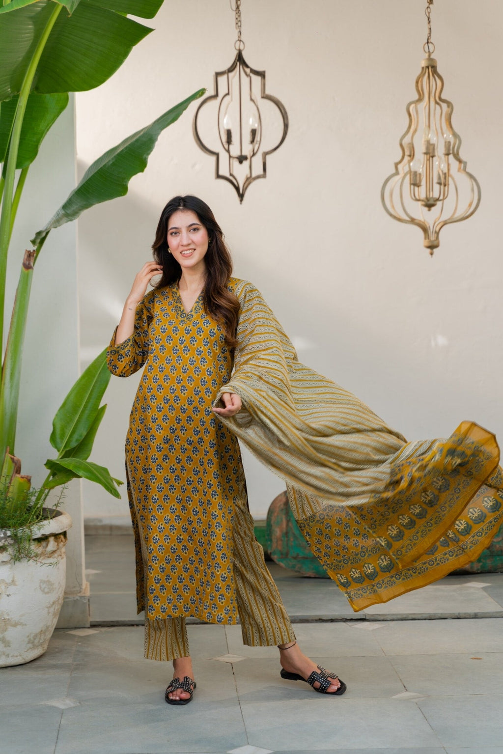 Ochre Yellow Cotton suit set