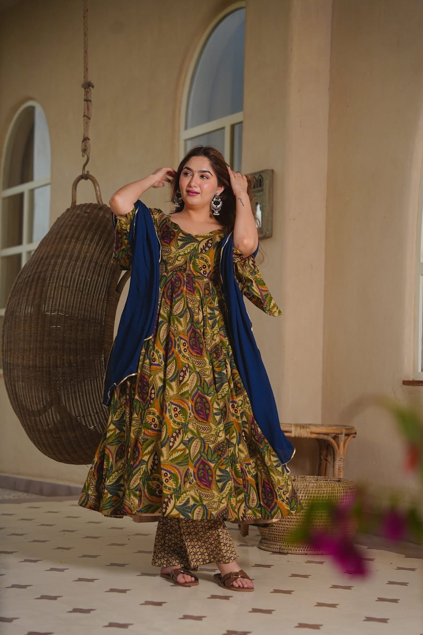 Rianika Floral Cotton Anarkali Suit Set
