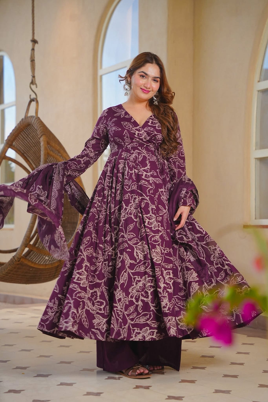 Omyra Printed Angrakha Cotton Anarkali Suit Set