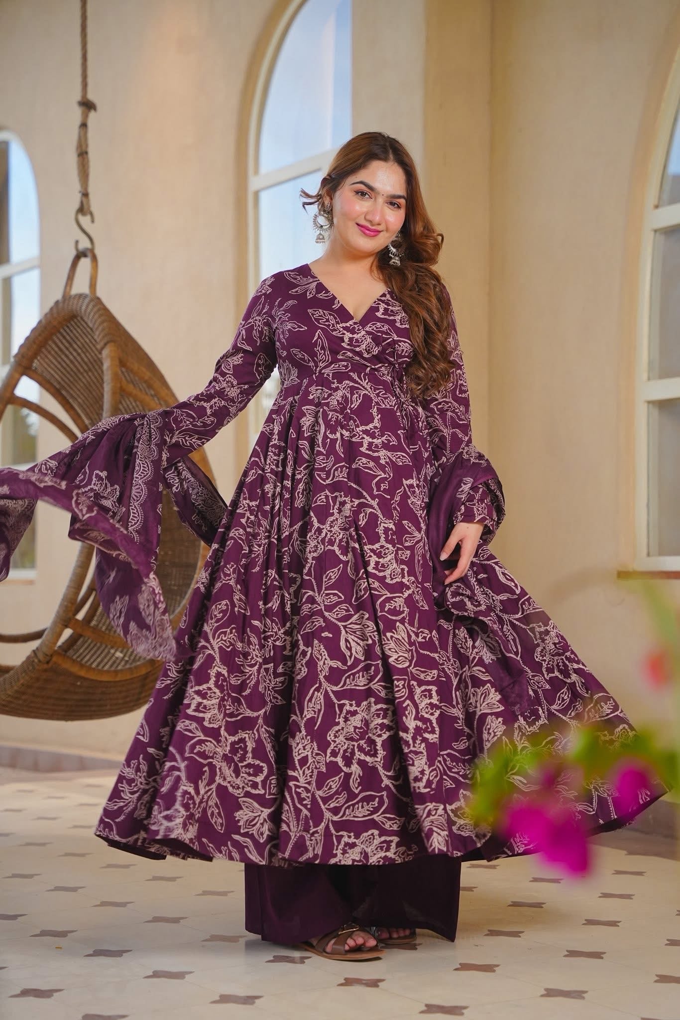 Omyra Printed Angrakha Cotton Anarkali Suit Set