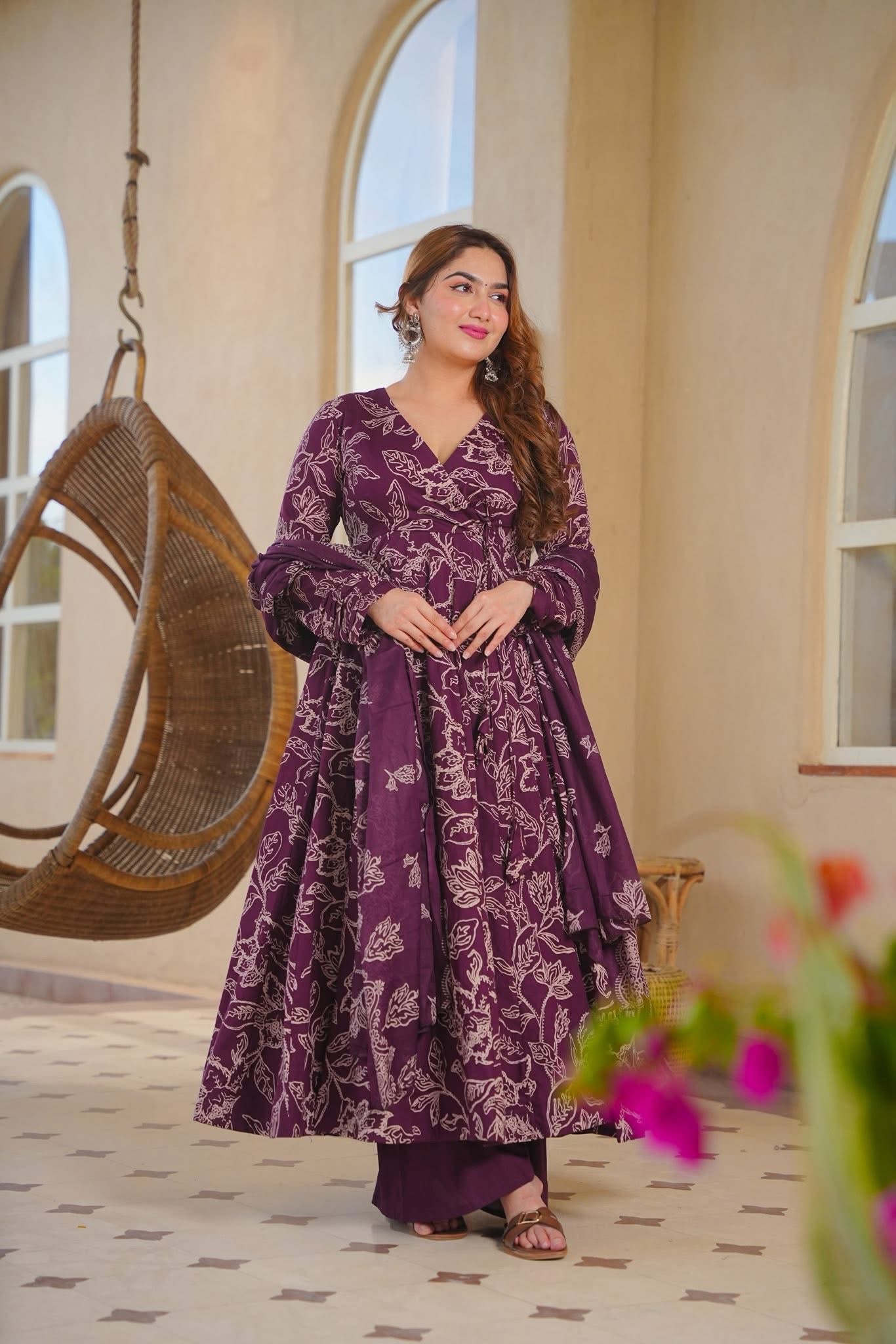 Omyra Printed Angrakha Cotton Anarkali Suit Set