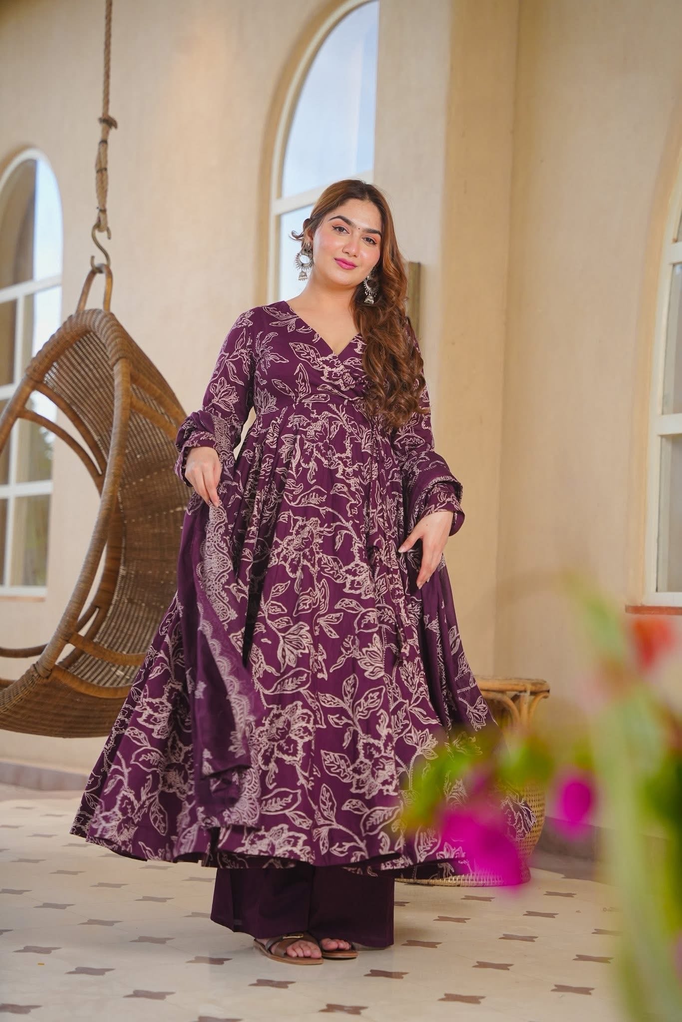 Omyra Printed Angrakha Cotton Anarkali Suit Set