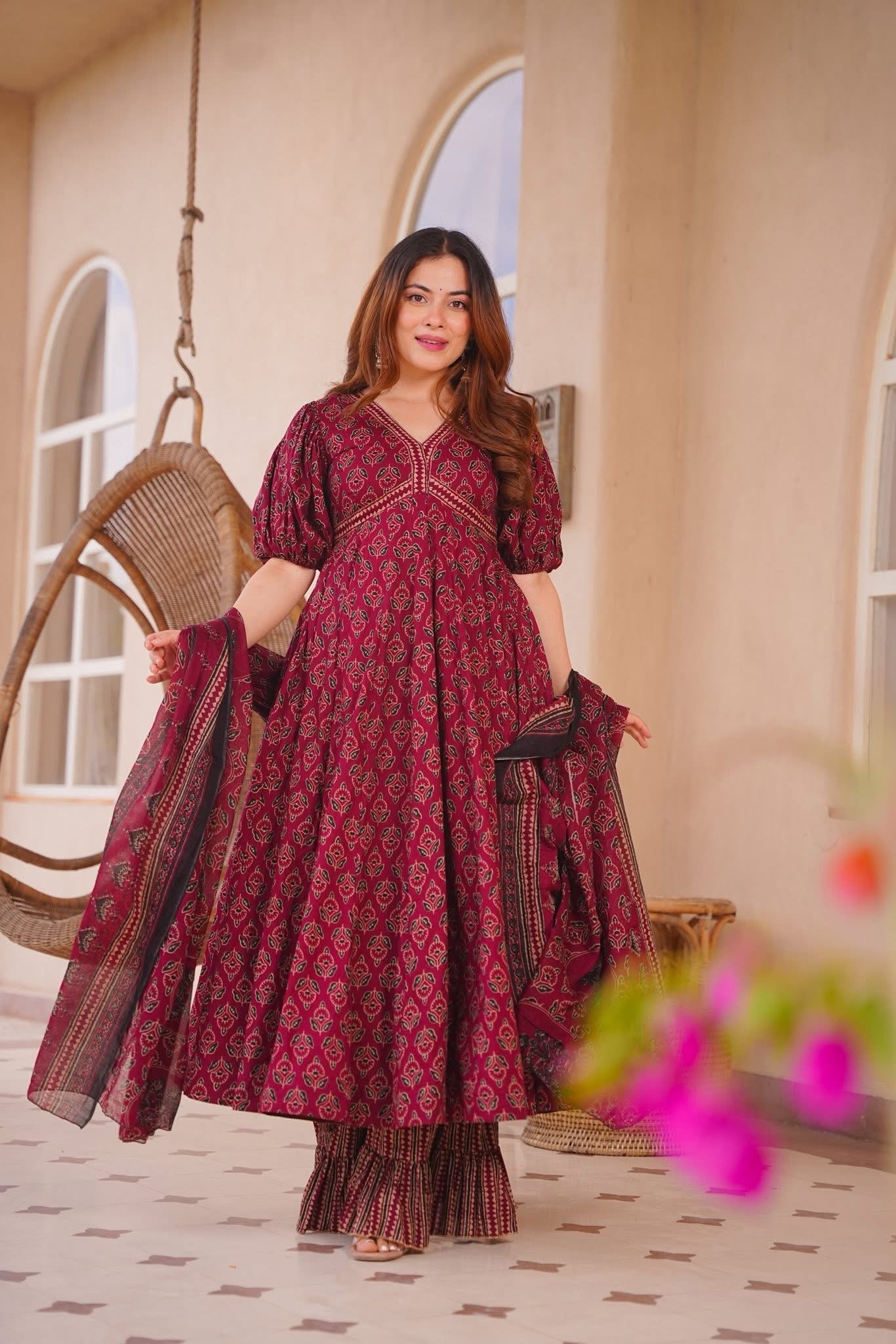 Elaf Maroon Cotton Anarkali Suit Set
