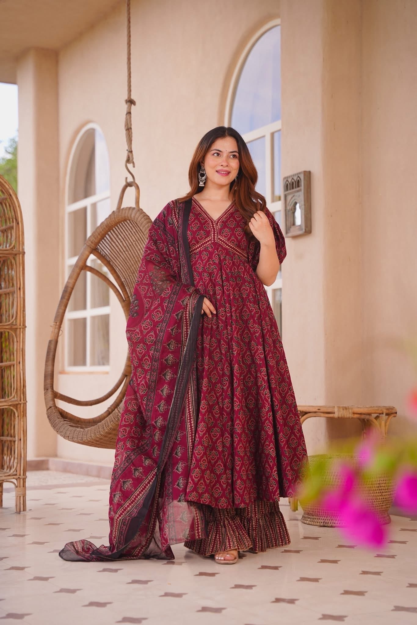 Elaf Maroon Cotton Anarkali Suit Set