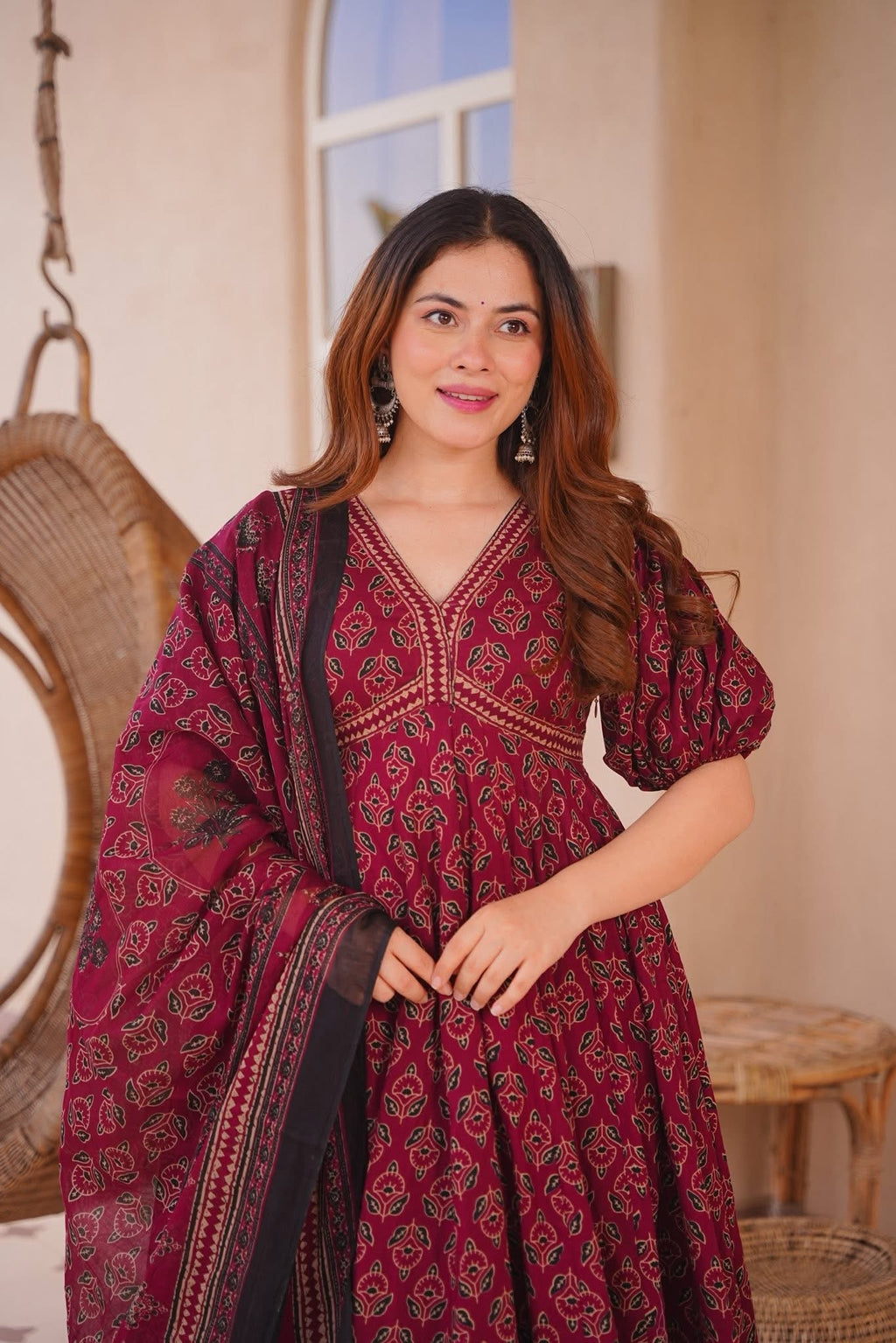 Elaf Maroon Cotton Anarkali Suit Set