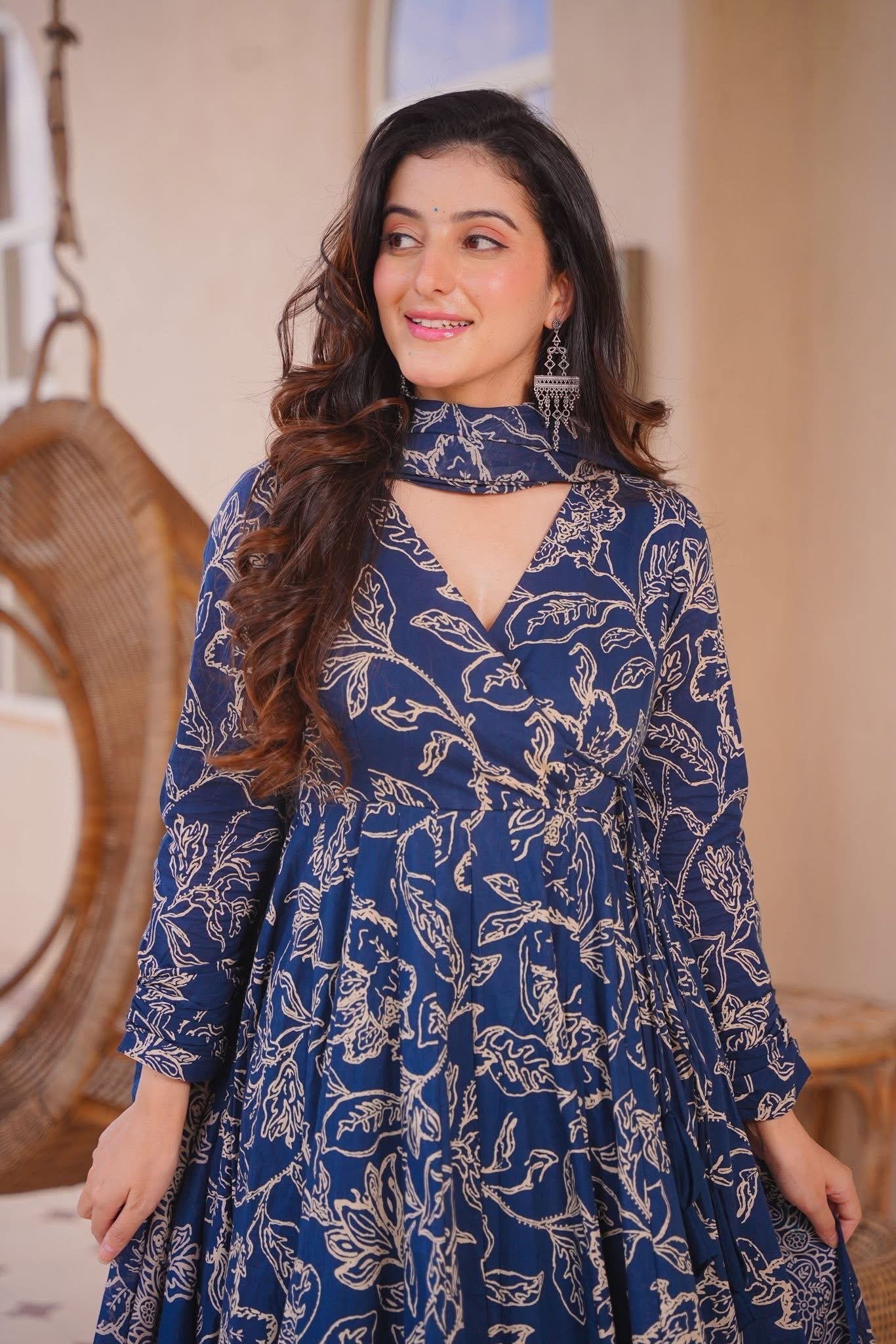 Soumika Blue Cotton Anarkali Suit Set