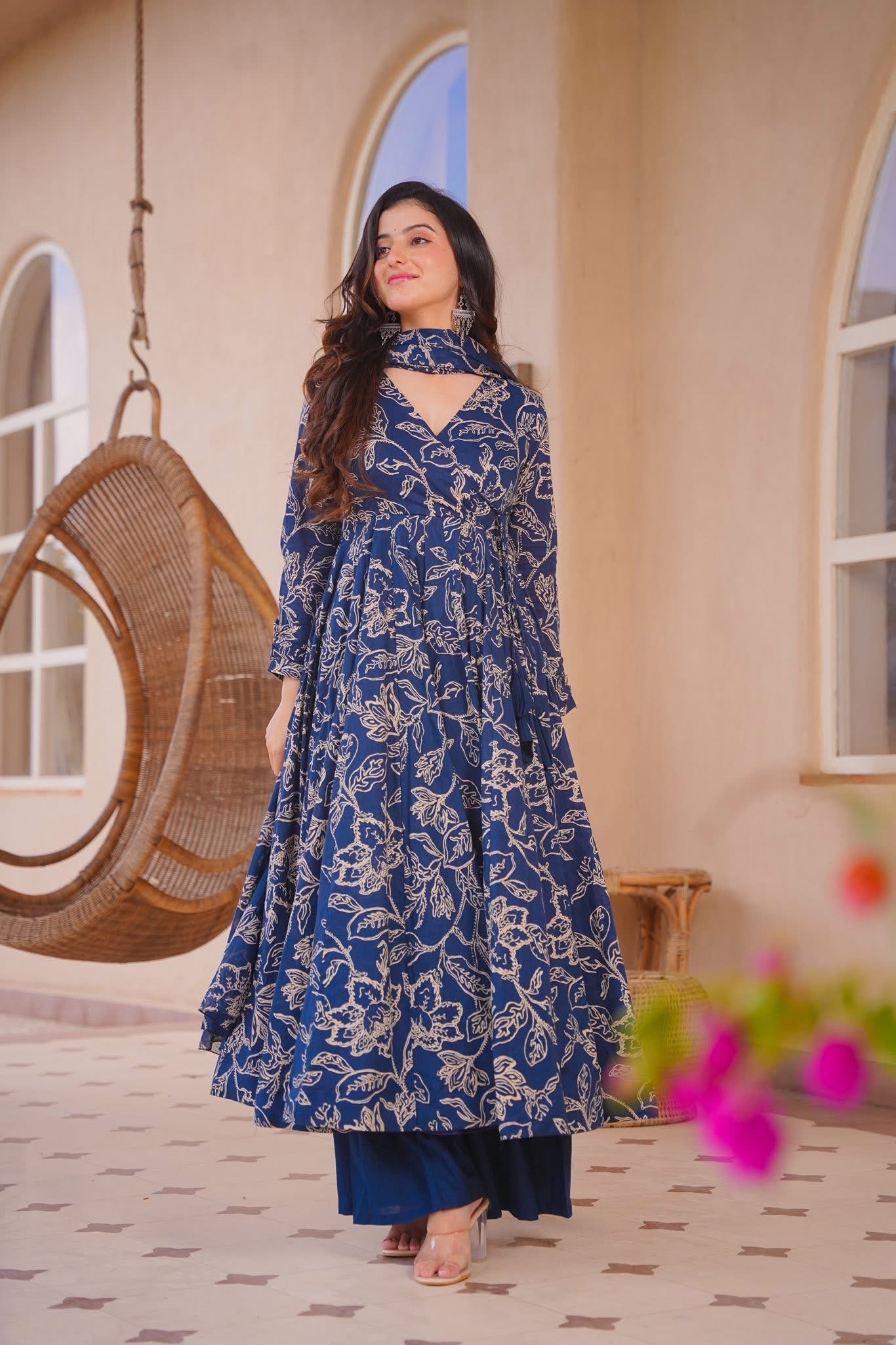 Soumika Blue Cotton Anarkali Suit Set