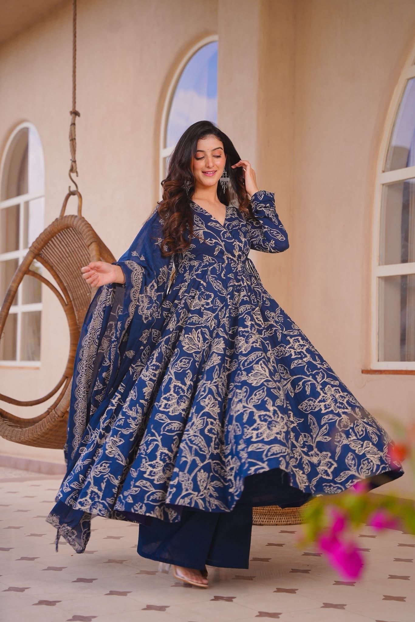 Soumika Blue Cotton Anarkali Suit Set