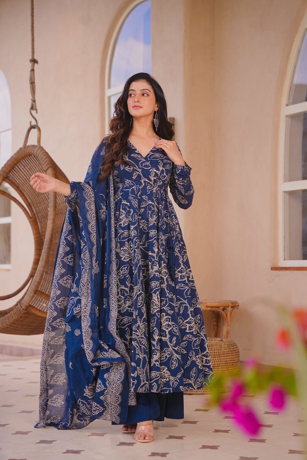 Soumika Blue Cotton Anarkali Suit Set