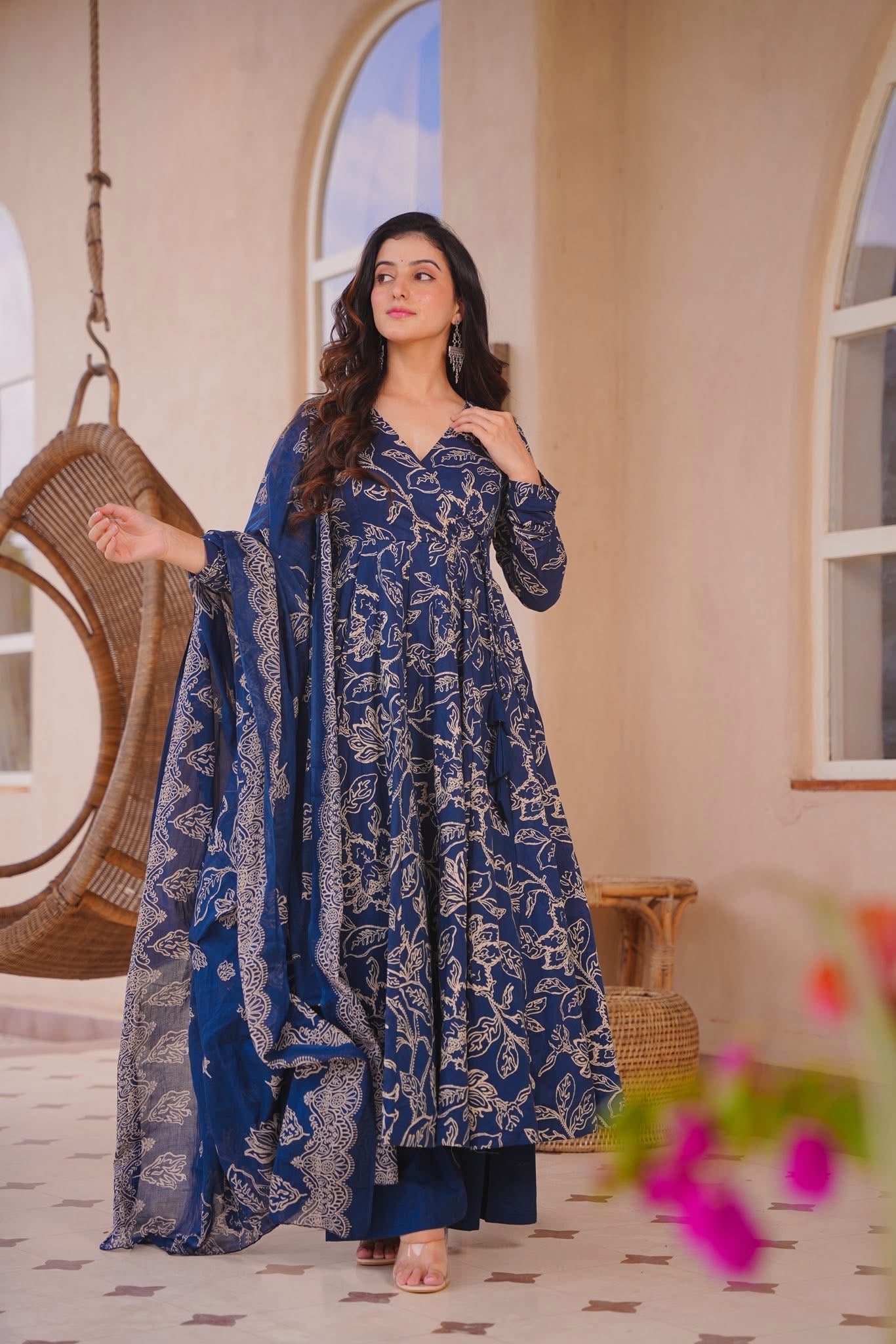 Soumika Blue Cotton Anarkali Suit Set