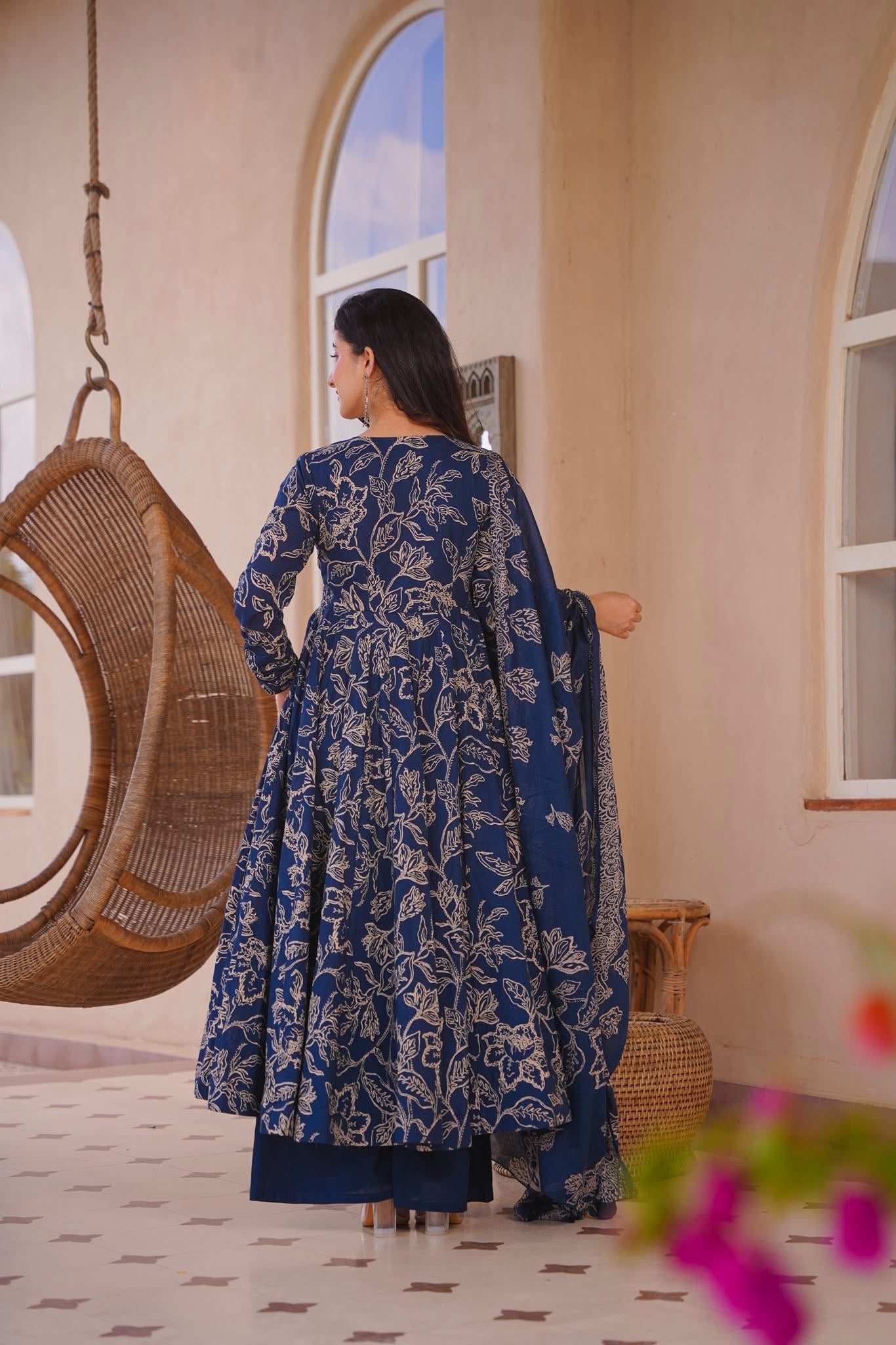 Soumika Blue Cotton Anarkali Suit Set