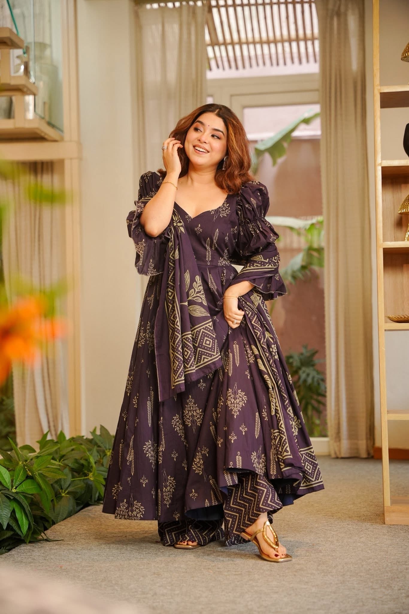 Sunayana Purple Cotton Anarkali Suit Set