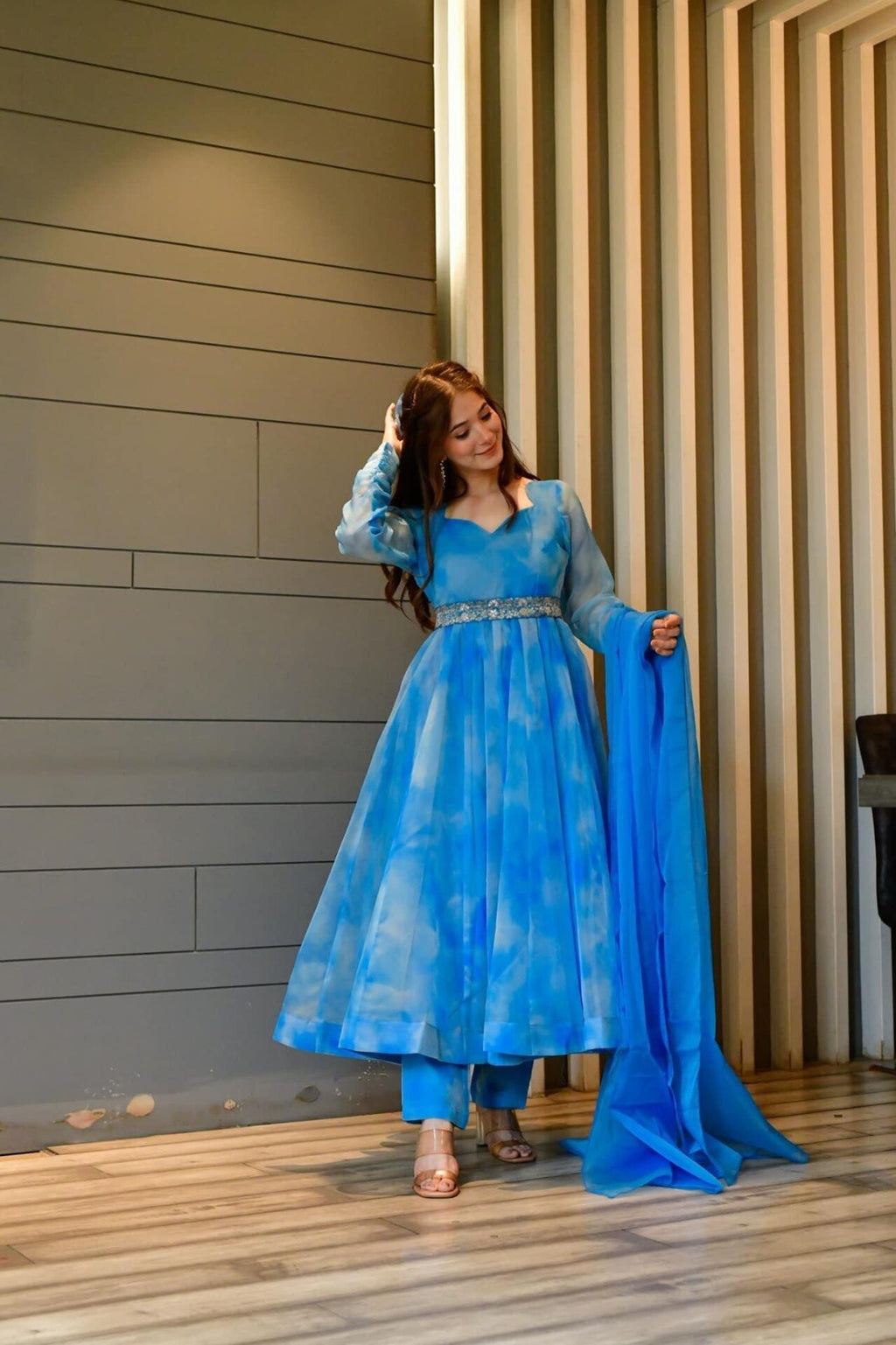 blue marble printed organza suit set