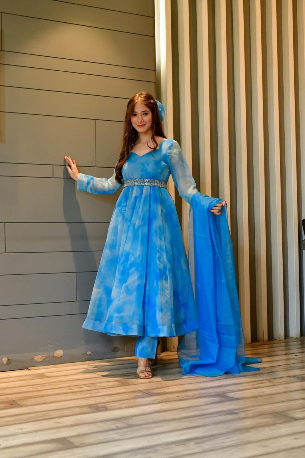 blue marble printed organza suit set