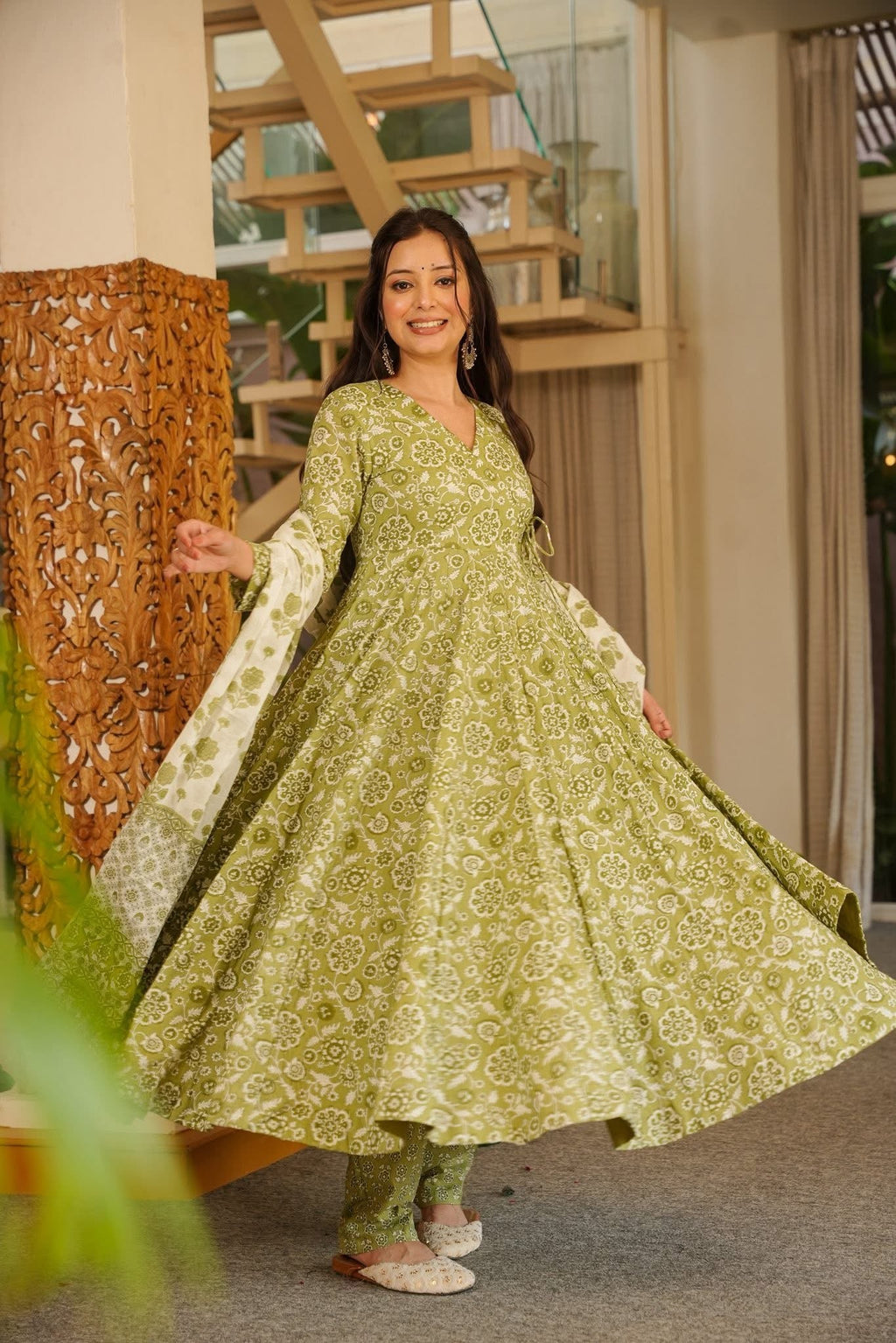 Arna Green Cotton Anarkali Suit Set