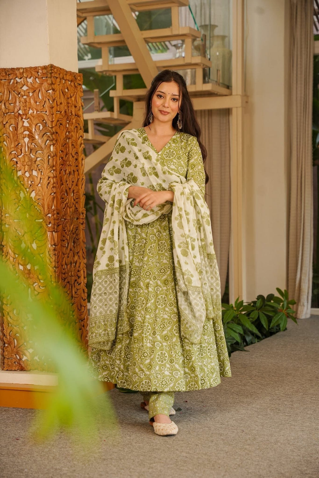 Arna Green Cotton Anarkali Suit Set