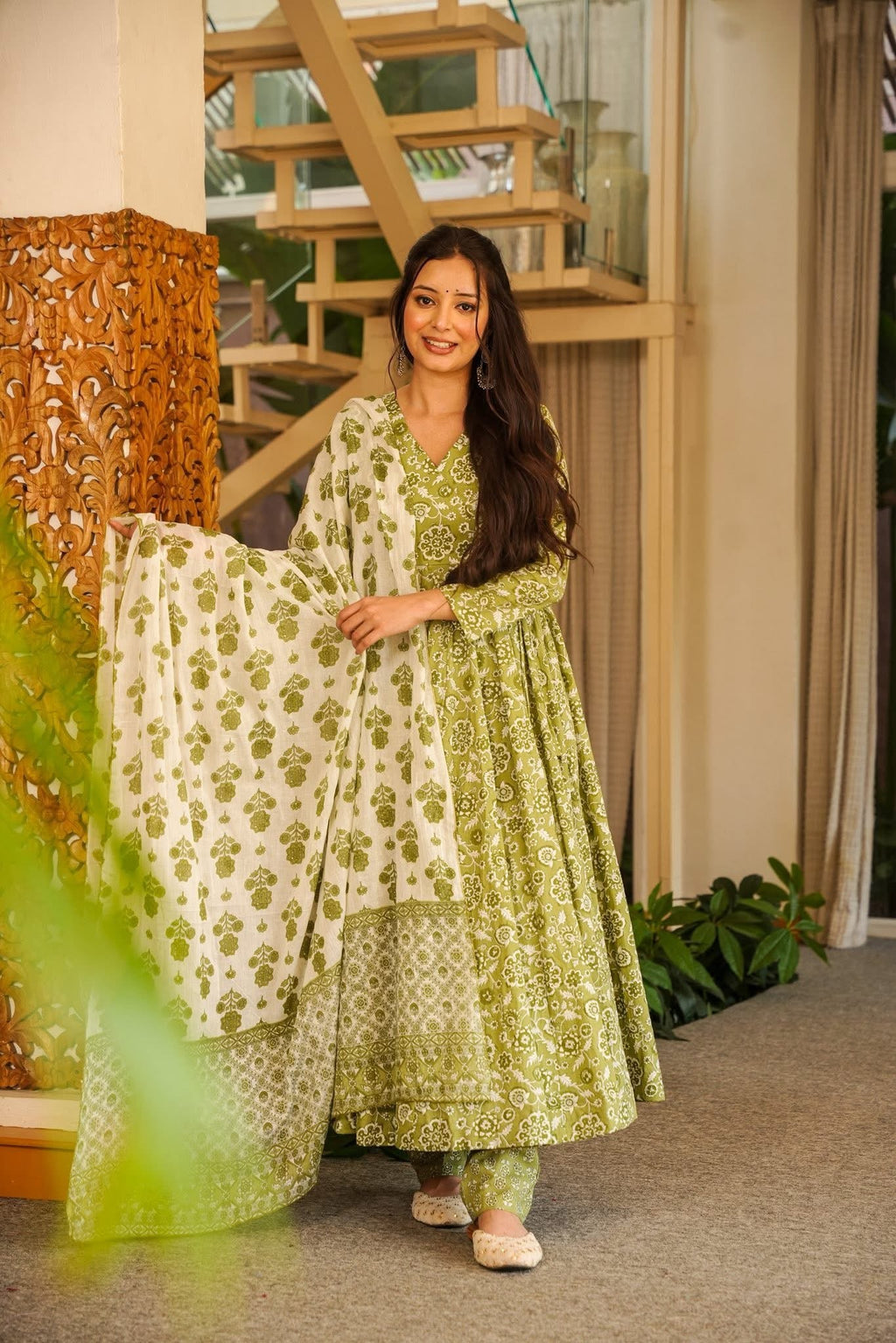 Arna Green Cotton Anarkali Suit Set