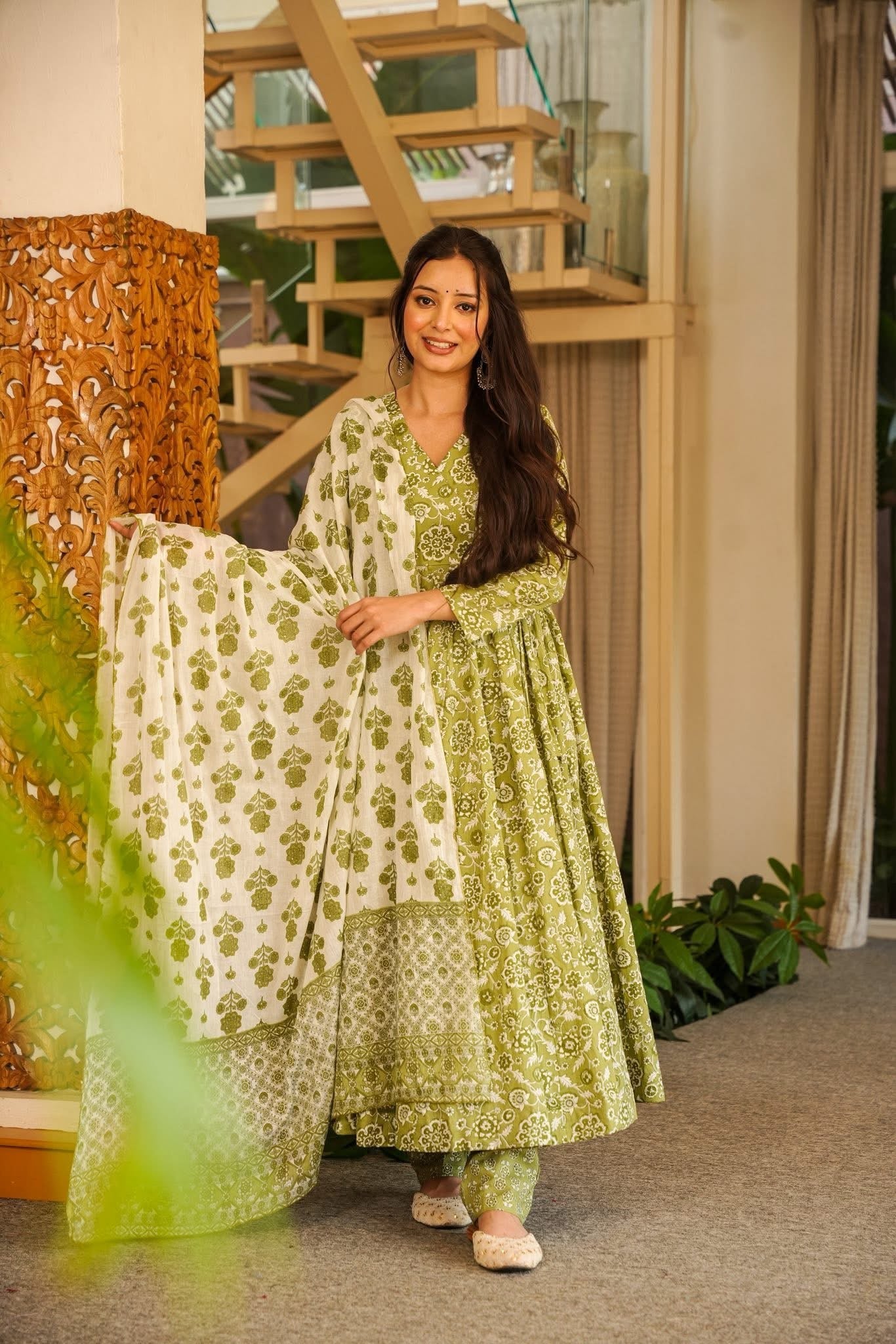 Arna Green Cotton Anarkali Suit Set