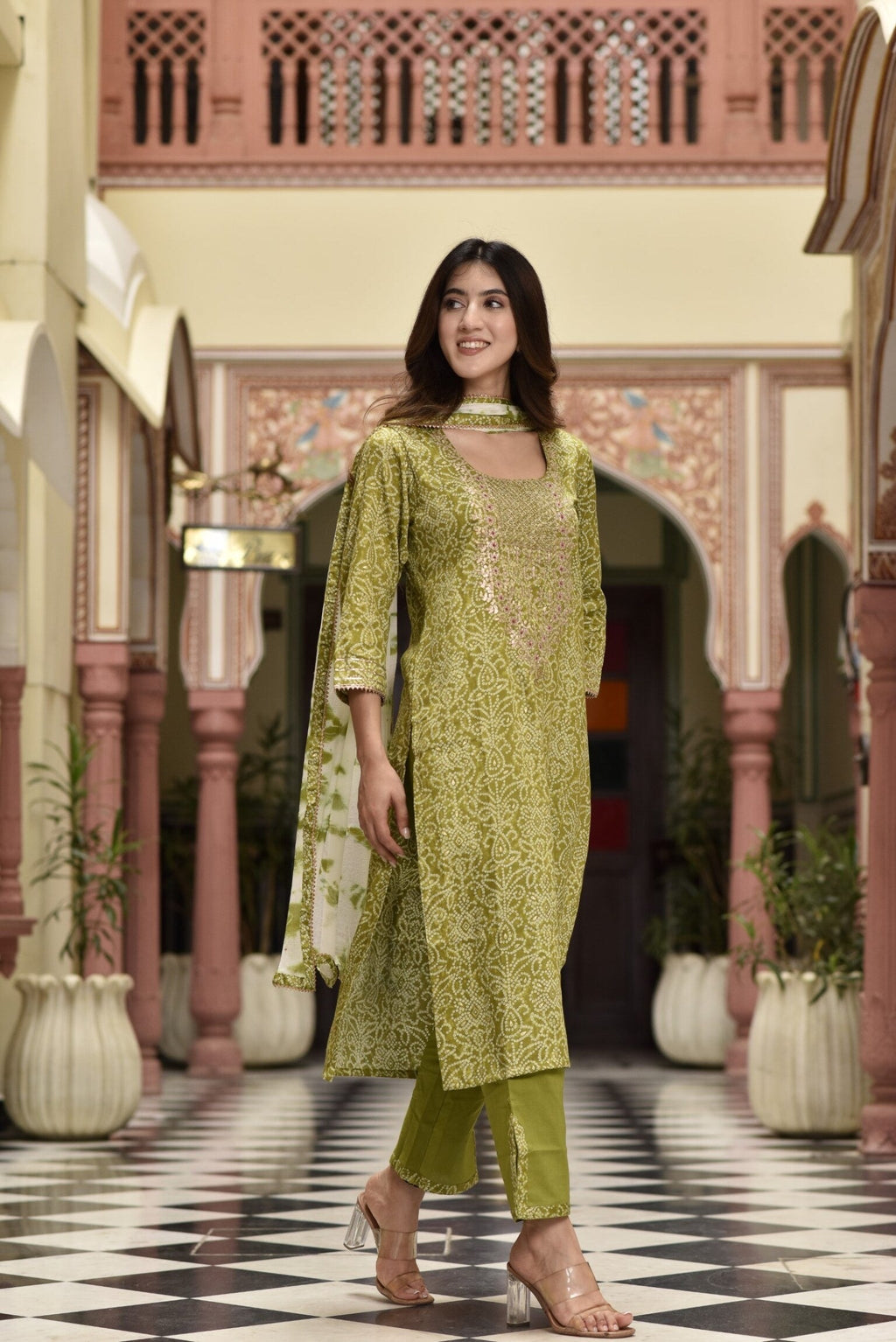 Lime bandhej pittan suit set