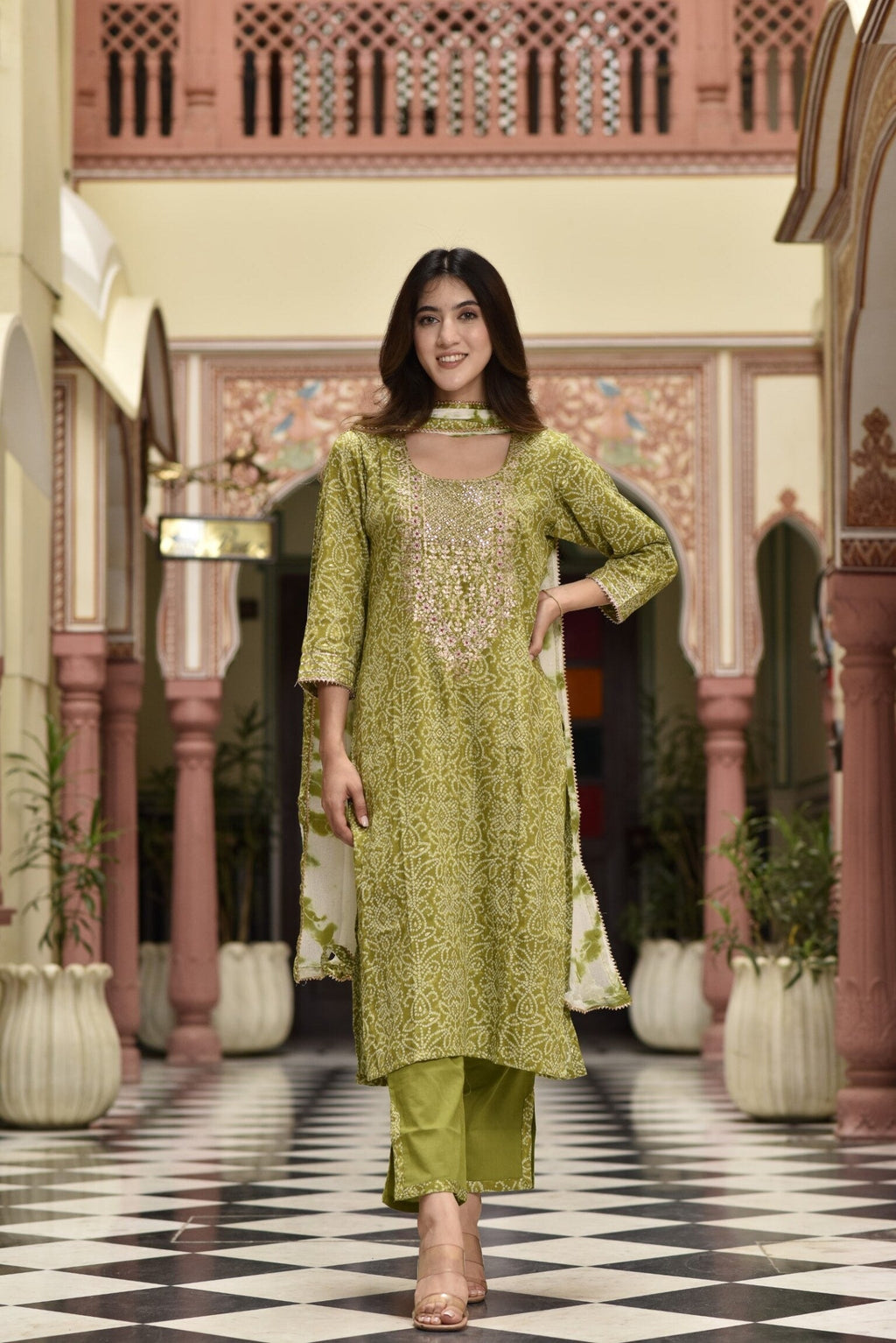 Lime bandhej pittan suit set