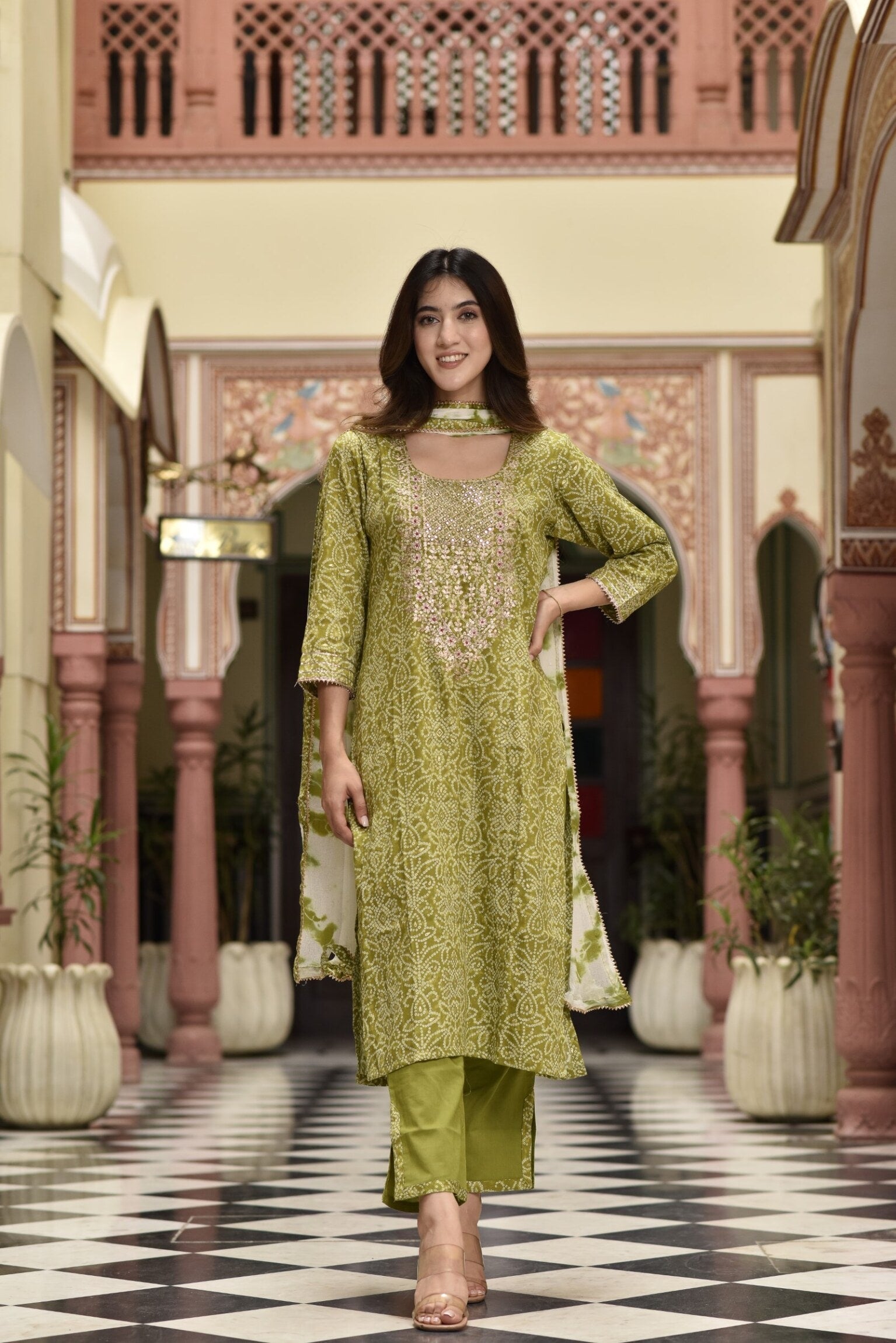 Lime bandhej pittan suit set