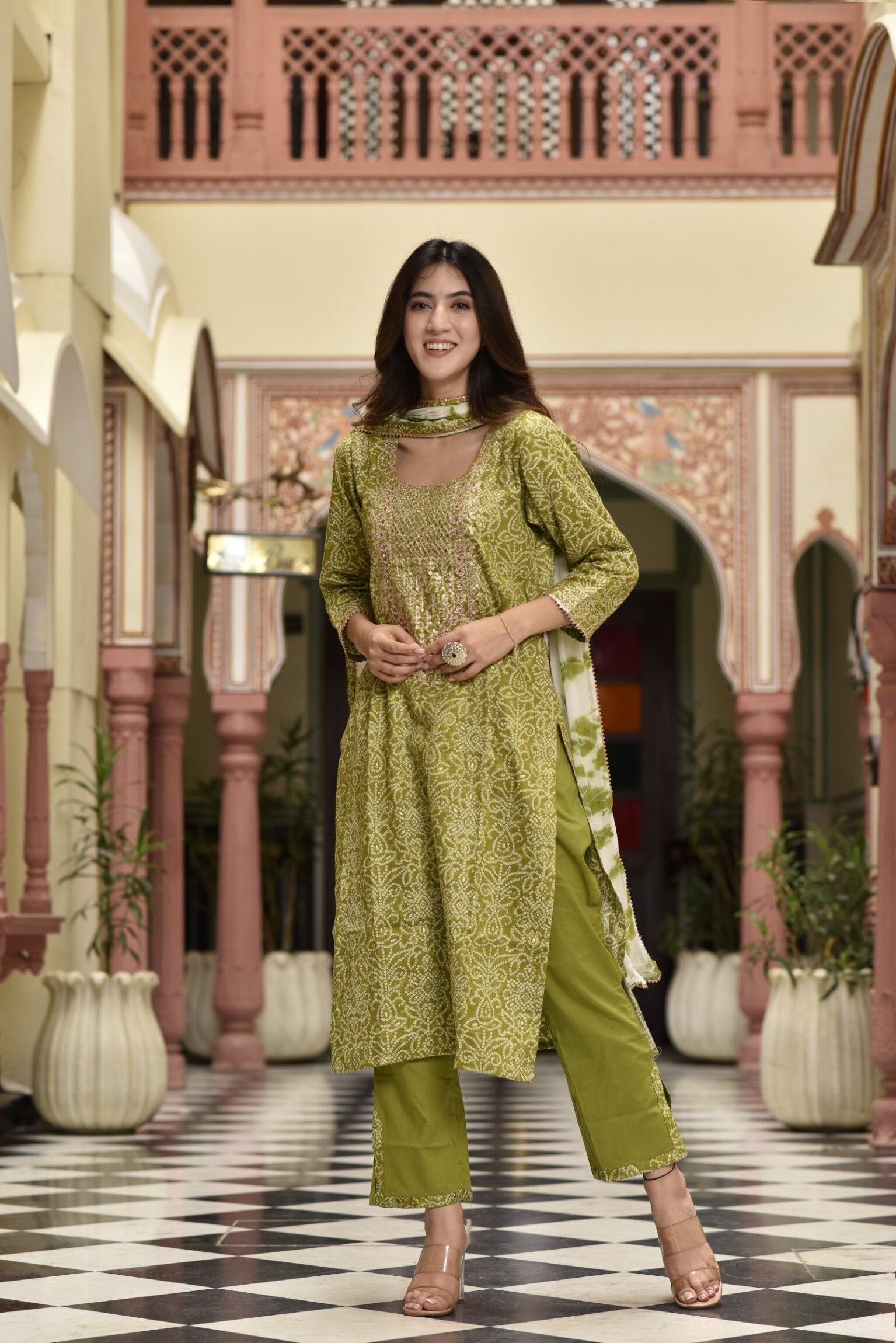 Lime bandhej pittan suit set