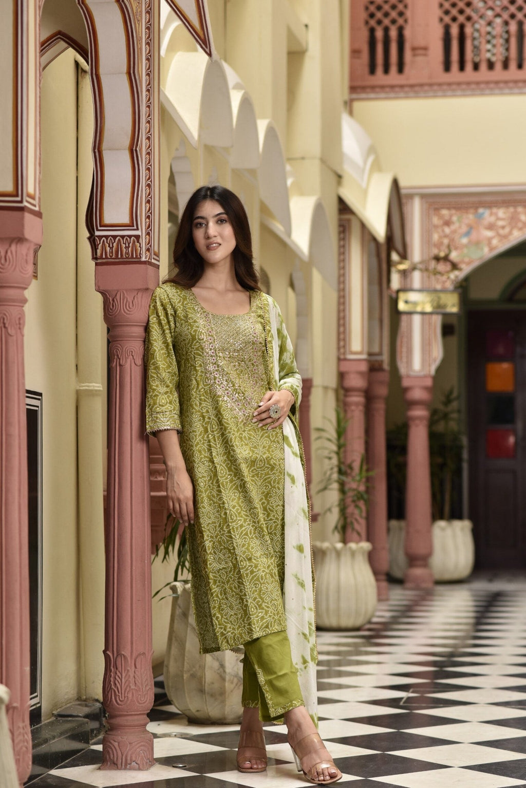 Lime bandhej pittan suit set