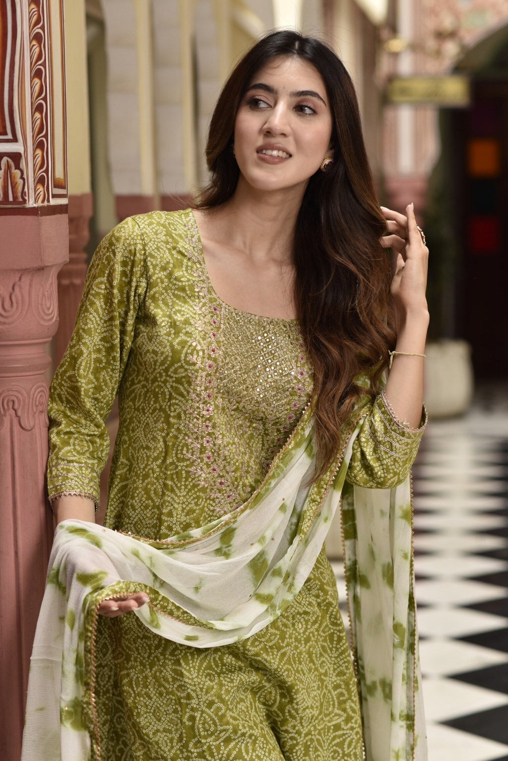 Lime bandhej pittan suit set