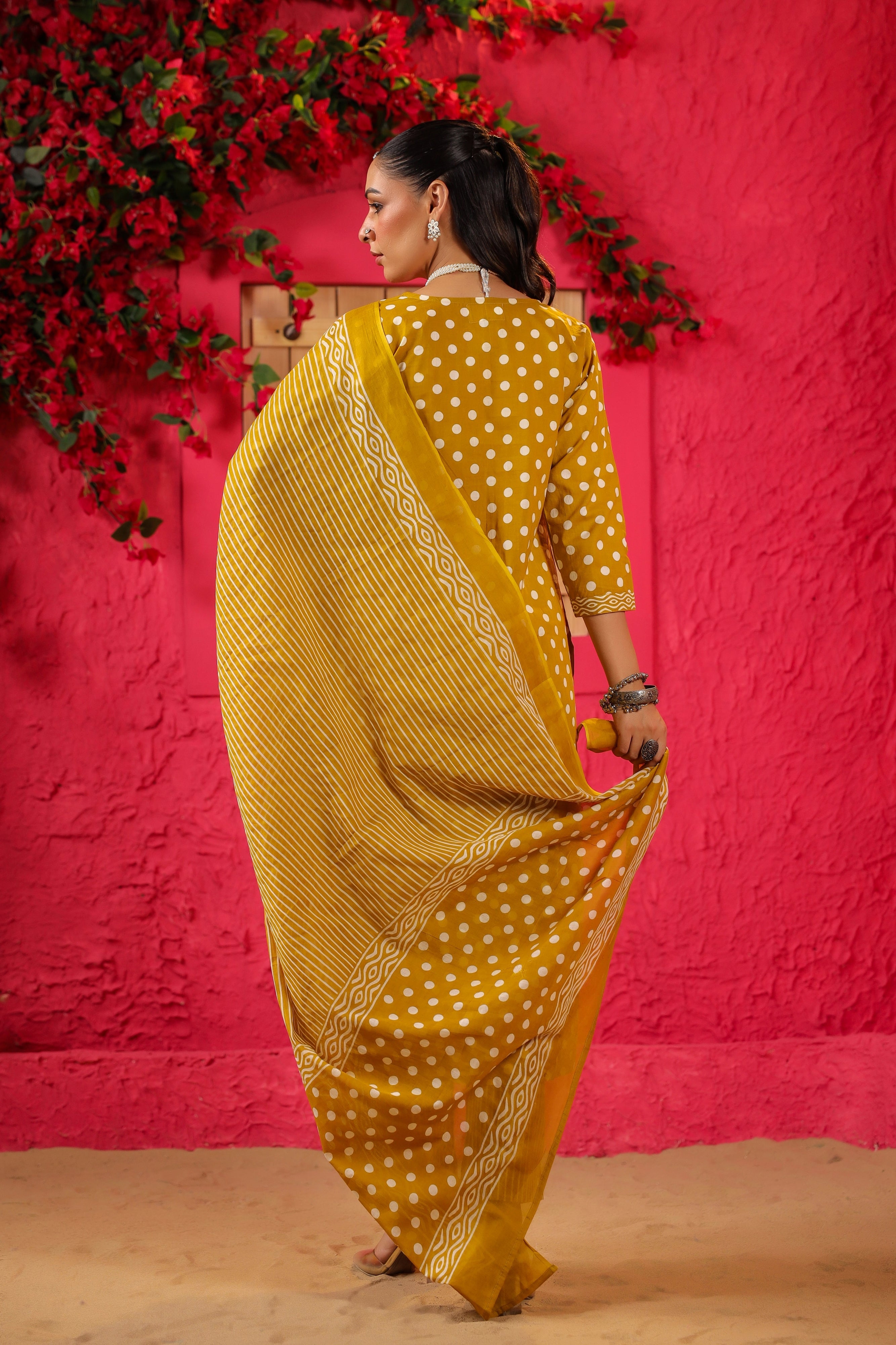 Yellow Polka Cotton Straight Suit Set