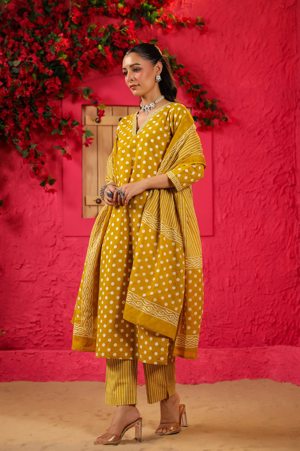 Yellow Polka Cotton Straight Suit Set